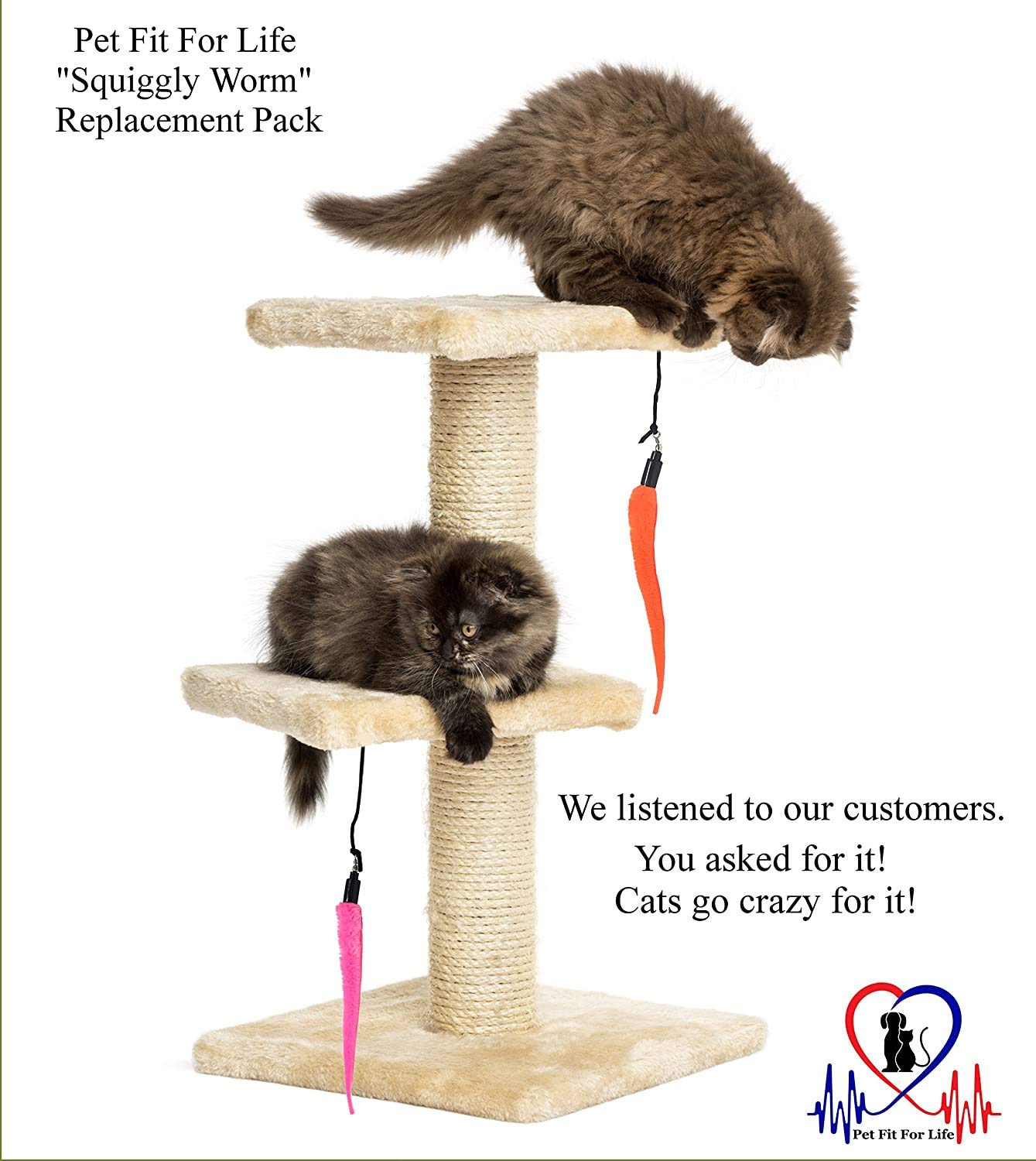 Pet Fit For Life 5-Piece Kitten Toy Refill Pack - Soft Squiggly Worm Attachments for Interactive Wands - Brown - Model 11278220