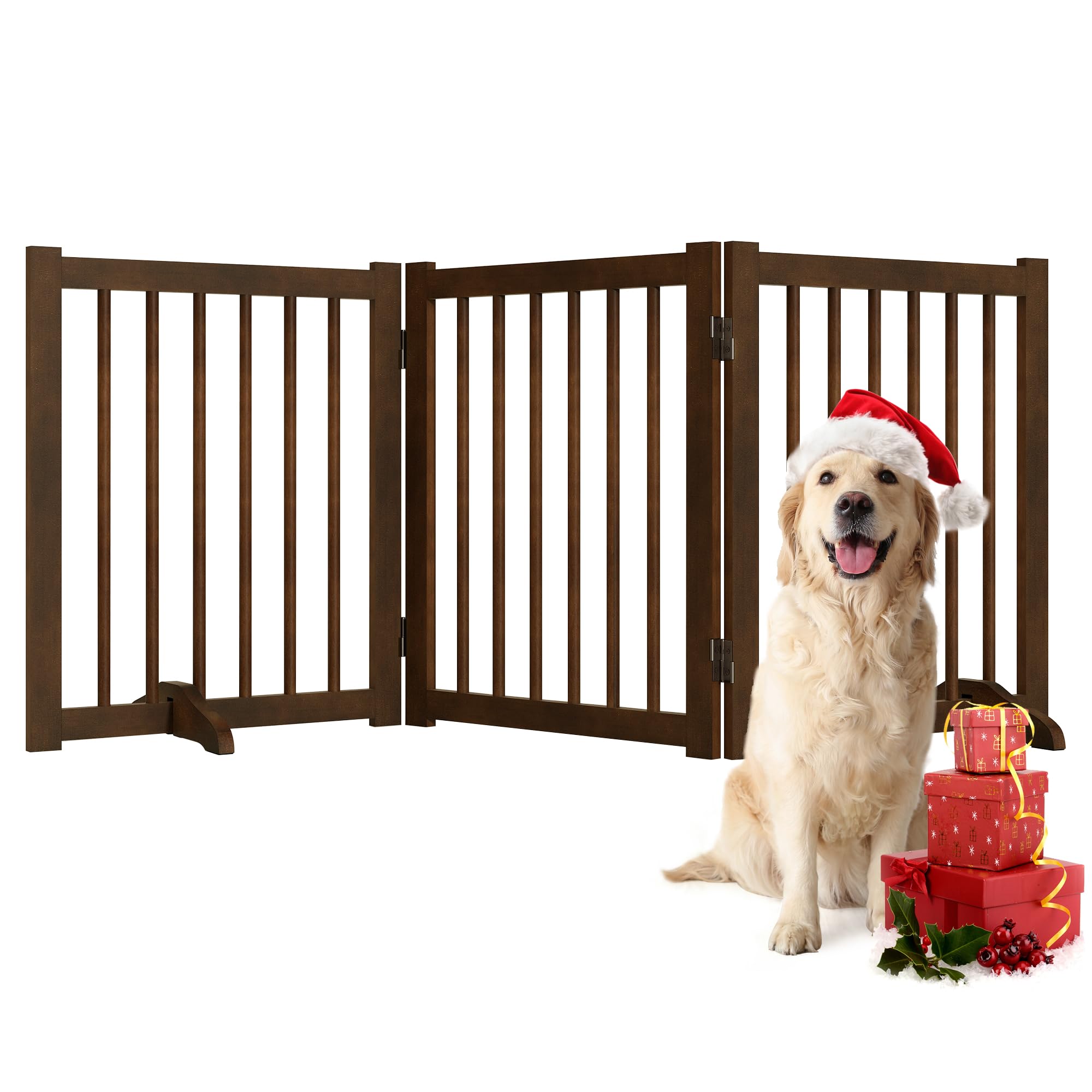 Solid Wood Freestanding Pet Gate - 3 Panels 24'' - Folding Safety Fence with 2 Support Feet - Ideal for Stairs, Doorways, Halls,