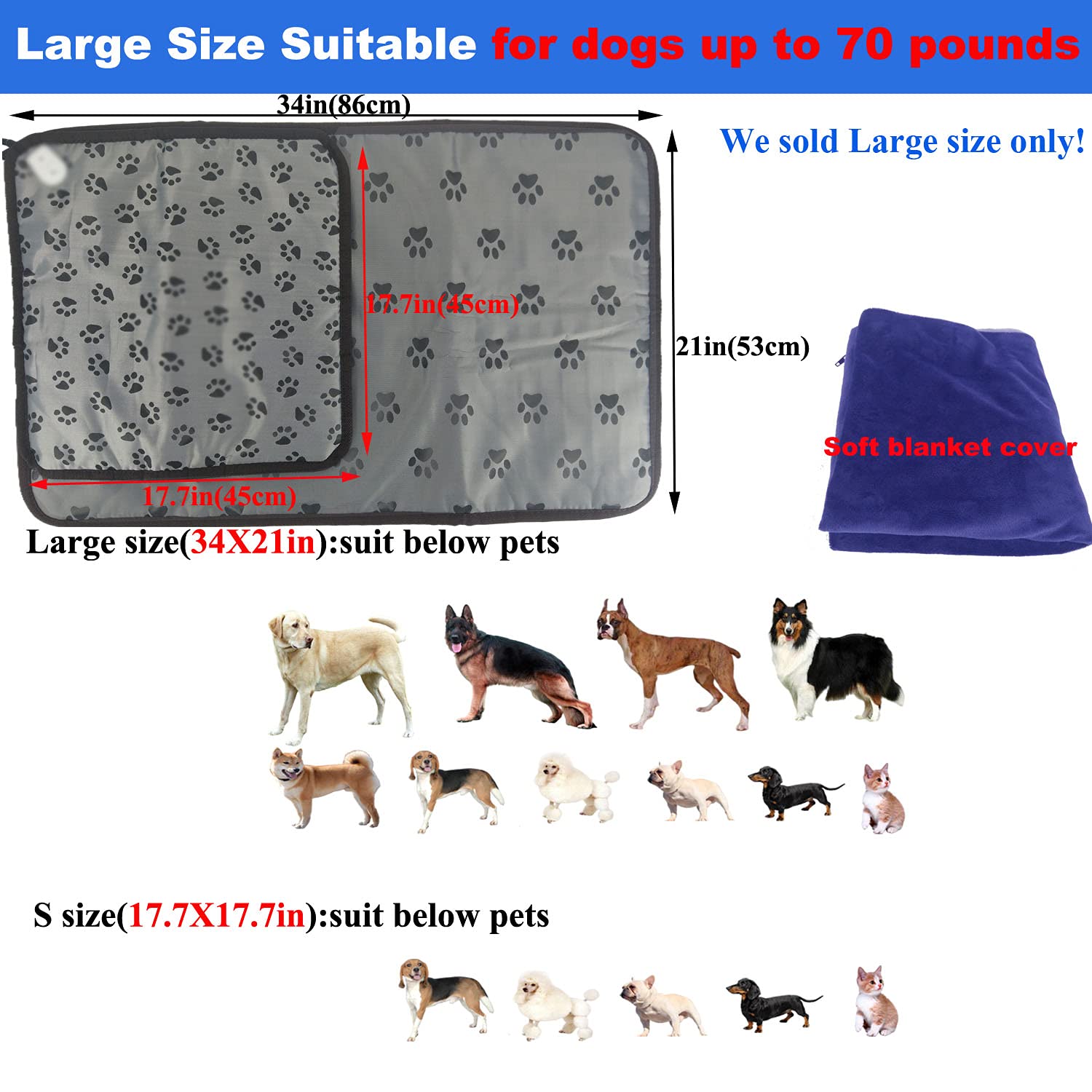 DEOMAN Pet Heating Pad - Large Dog & Cat Heated Bed, 34"x21", Grey, Water & Chew Resistant, Soft Washable Cover