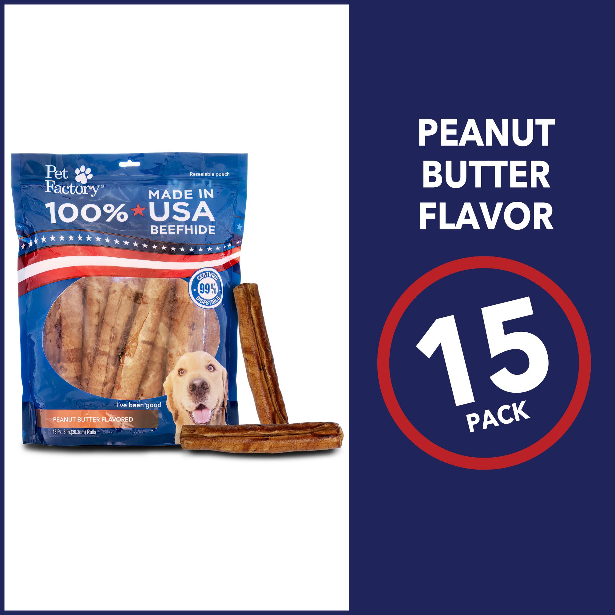 Pet Factory 100% Made in USA Beefhide 8 Rolls Dog Chew Treats - Peanut Butter Flavor, 15 Count/1 Pack