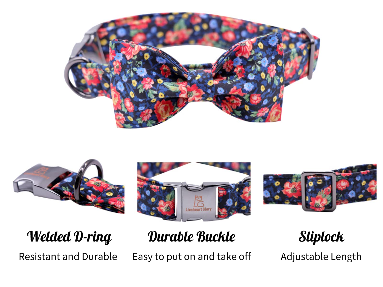 Lionheart Glory Premium Floral Dog Collars, Bowtie Dog Collar, Adjustable Heavy Duty Dog Collar With Bow For Large Dogs