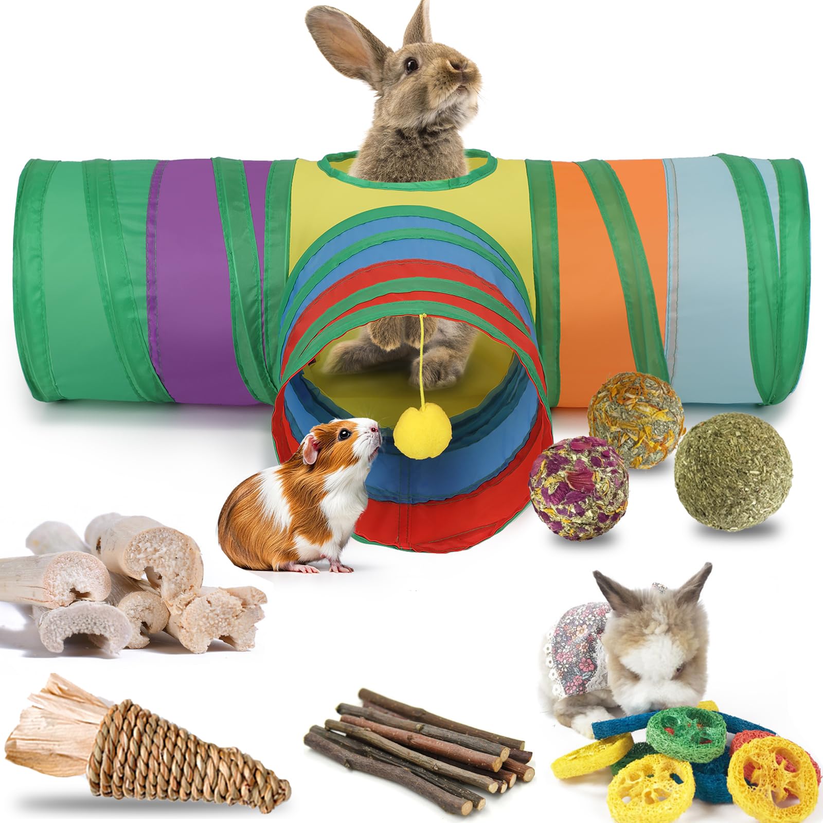 Mechpia Rabbit Toys, Bunny Tunnels and Tubes with Chew Toys for Grinding Teeth Apple Sticks Bamboo Carrot Loofah and Grass Ball 