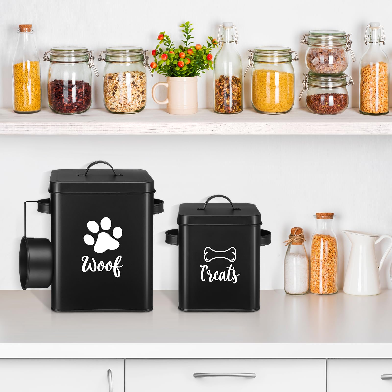 Teenyyou 2 Pcs Metal Dog Treat Containers with Airtight Lids and Spoon 7+3 Lbs Dog Food Snack Jars with DIY Labels Big Pet Cooki