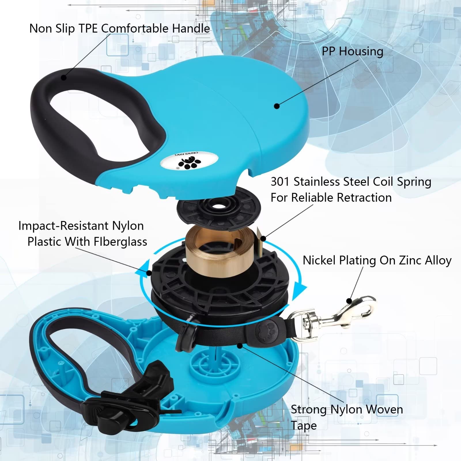 Crown Paws 16 Ft Retractable Dog Leash For Large Dogs Up To 110 Lbs,Tangle-Free Nylon Tape,Blue Dan L