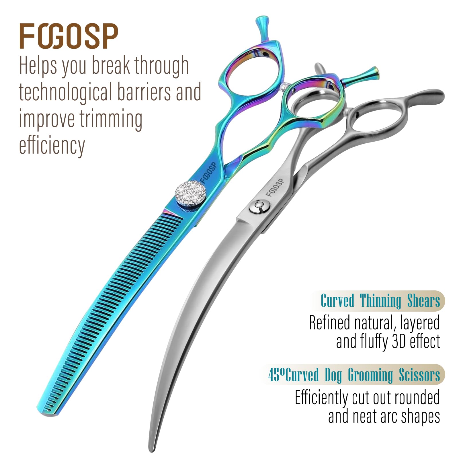 Fogosp 45Curved Dog Grooming Scissors Curved Thinning Shears 2Pcs Combo(Turquoise)
