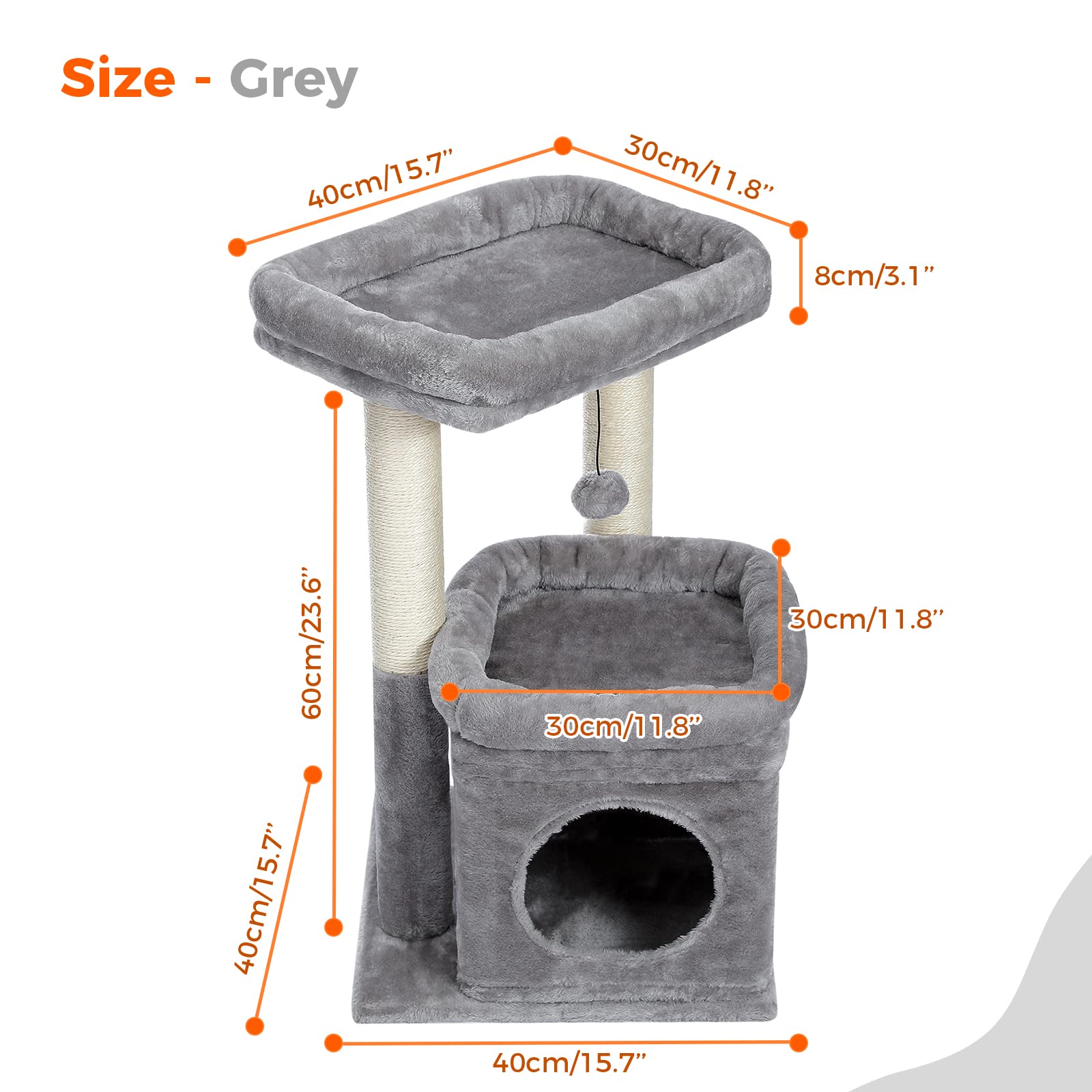 PEQULTI Cat Tree Tower for Indoor Cats, Cozy Condo, Sisal Scratching Posts, 27" Grey, Model AMT0179