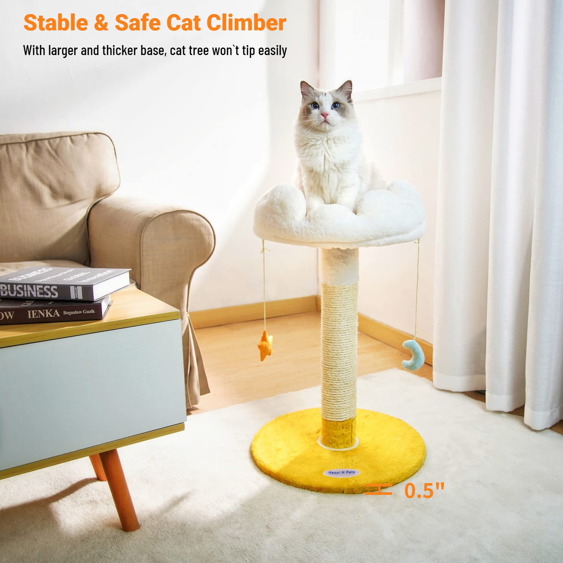 Happi N Pets Large Cloud Cat Scratching Post & Bed, 28" White Sisal Cat Tree with Soft Perch & Balls, Model DB10