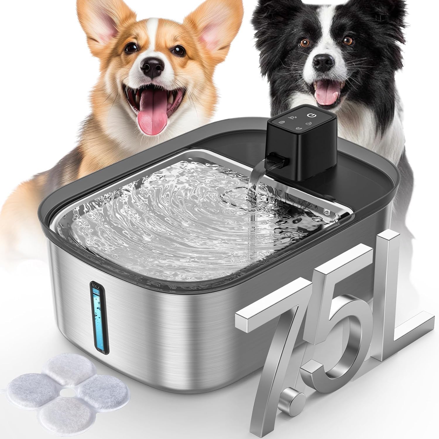 Wireless 7.5l/254oz/2Gal Dog Water Fountain for Large Dogs Stainless Steel, Quiet Pet & Cat Water Fountain with Motion Sensor, A