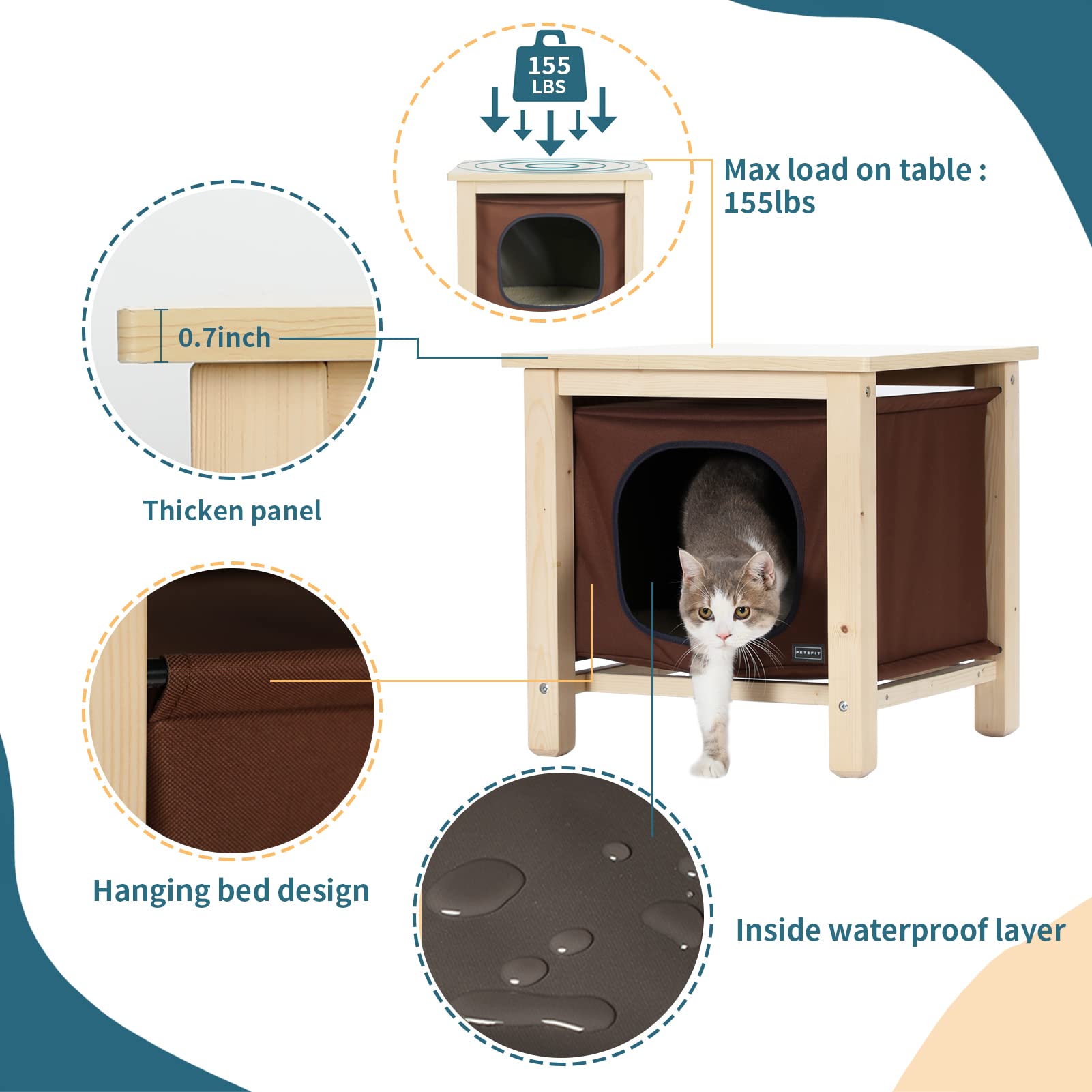 Petsfit Indoor Cat House Furniture, Small Dog House, Hanging Design Cat Cave With Thicken Wood Panel And Cover With Durable Oxford Cloth