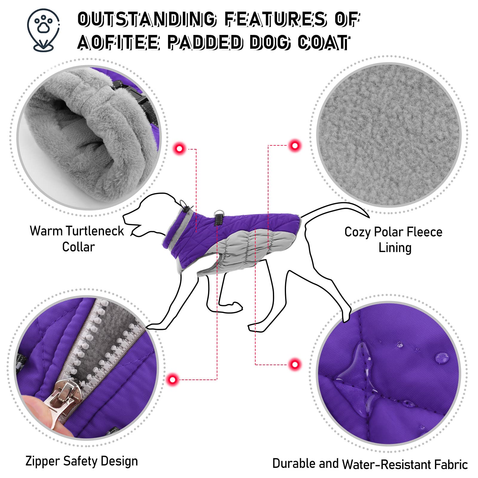 AOFITEE Winter Dog Coat, Warm Fleece Jacket for Cold Weather, Reflective, X-Small, Purple, Model 1207-AF-12180-Purple-XS