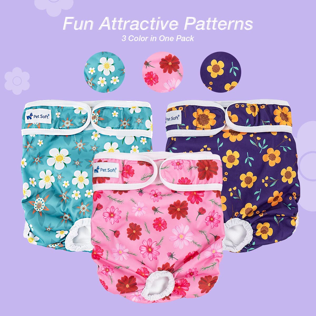 Pet Soft Female Dog Diapers - Washable, Reusable, Large (19''-25''), Cute Flower, Model FDiapers, 3 Pack