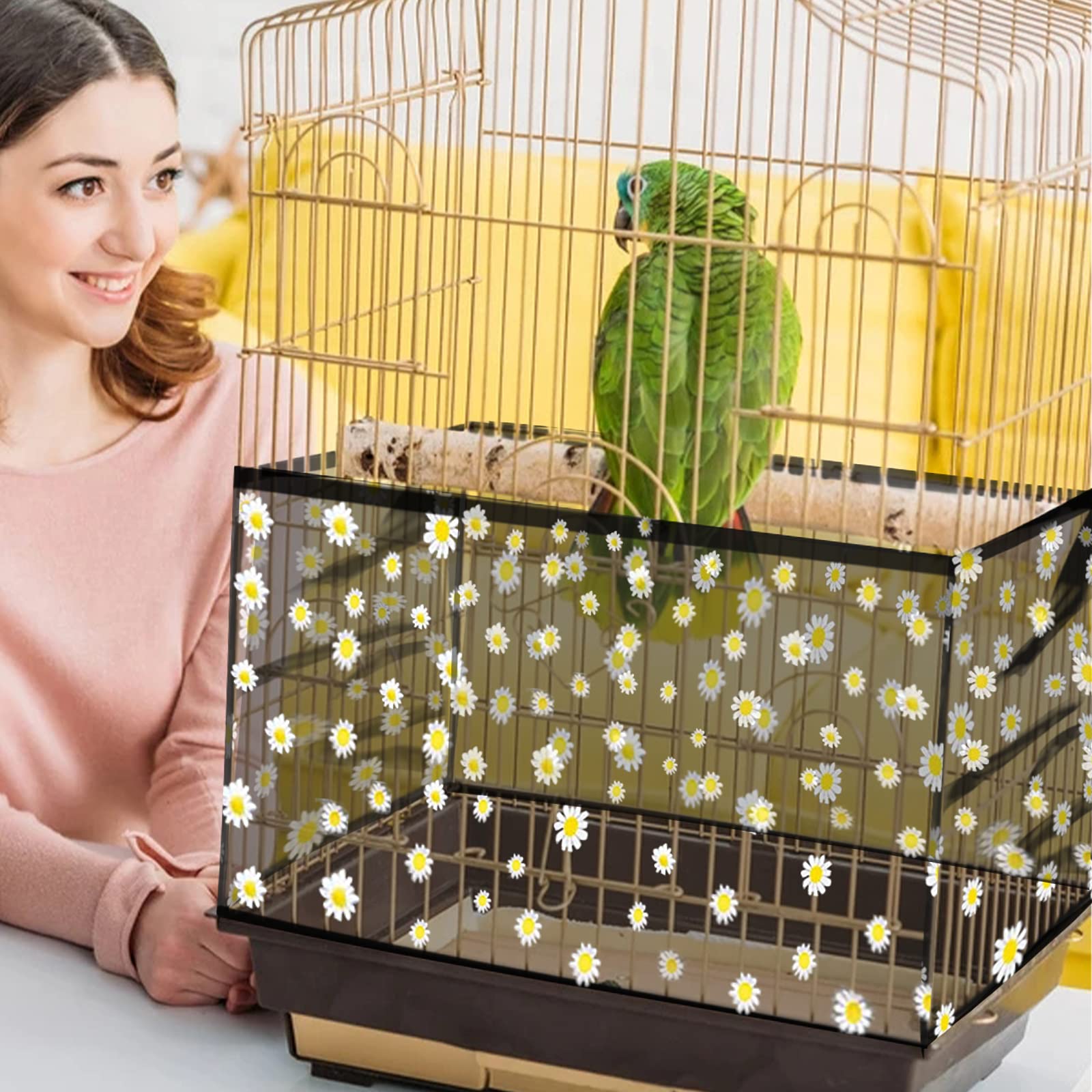 Daoeny Large Bird Cage Cover, Bird Cage Seed Catcher, Adjustable Soft Nylon Mesh Net With Daisy Pattern, Birdcage Cover Skirt Seed Guard For Parrot Parakeet Macaw Round Square Cages (Black)