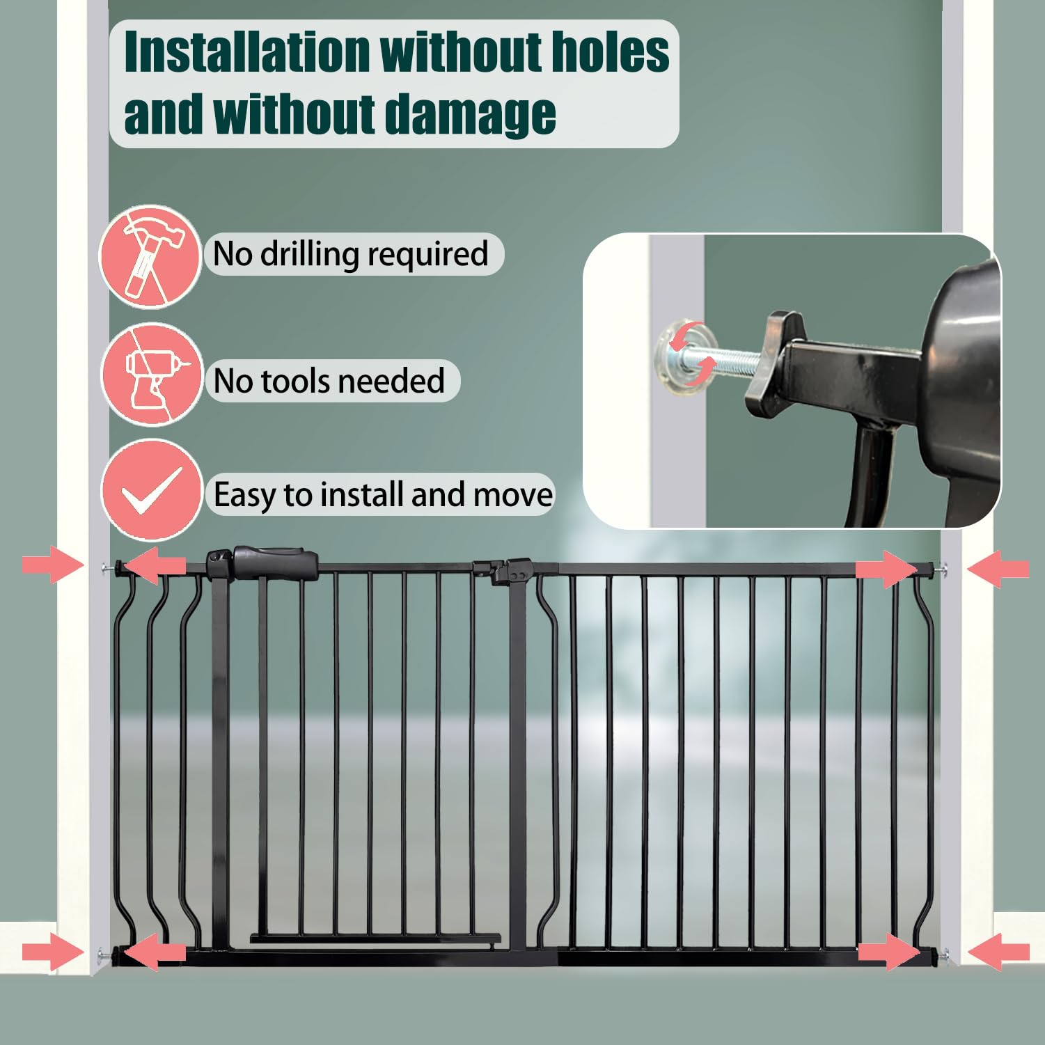 Heavy Duty Baby & Pet Safety Gate - Extra Wide 76.4-81.1 Inch, Black Metal, Pressure Mounted, Walk-Through