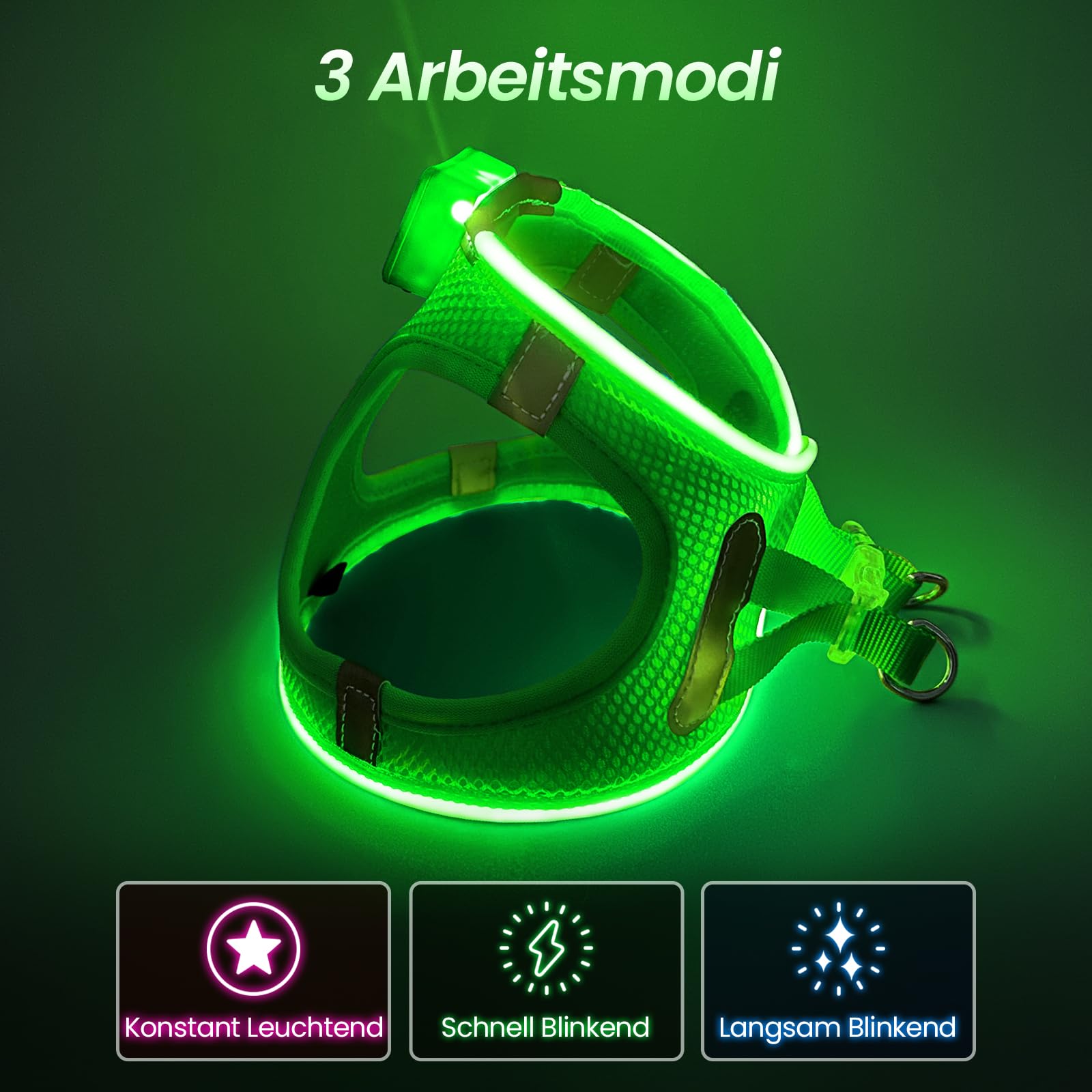Pceotllar Light Up Dog Harness, Led No Pull Reflective Dog Harness, Flashing Lighted For Night Walking - Small/Medium, (Green M)
