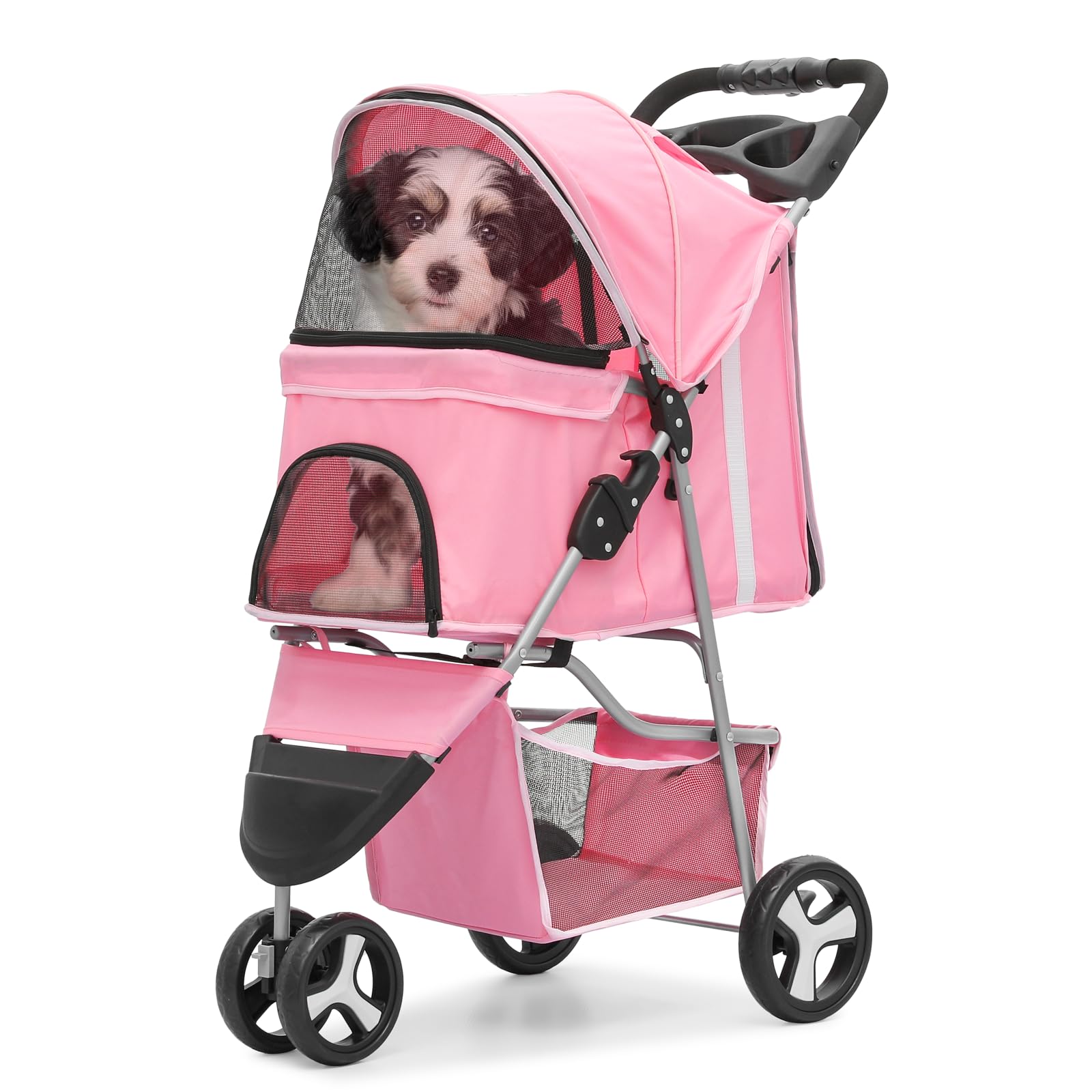 Magshion 3 Wheel Foldable Waterproof Premium Quality Pet Cat Dog Stroller Travel Carrier Light Weight with Storage Basket Cup Ho
