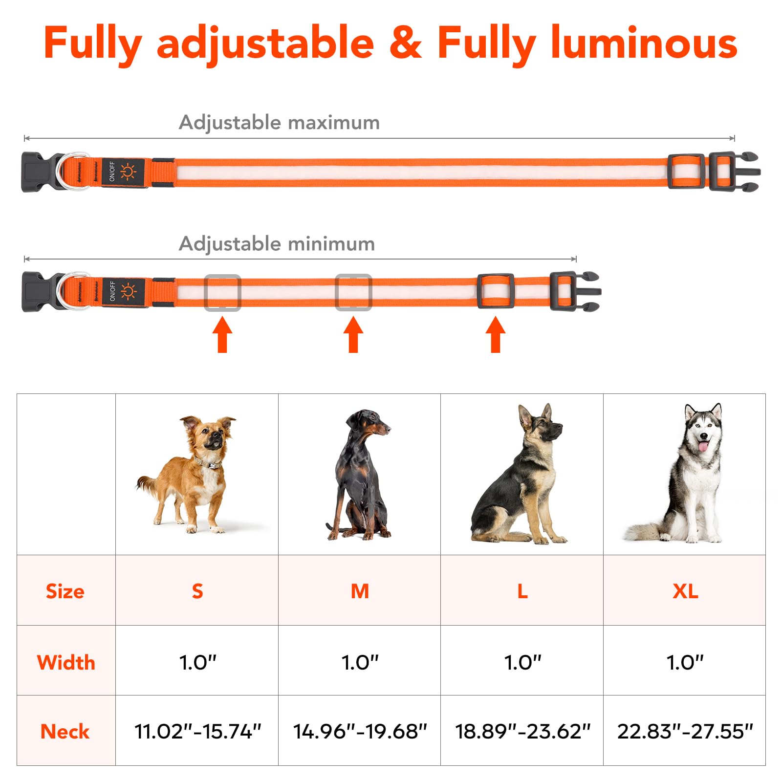 Vizpet Led Dog Collar, Light Up Dog Collar Adjustable Usb Rechargeable Super Bright Safety Light Glowing Collars For Dogs(X-Large,Orange)