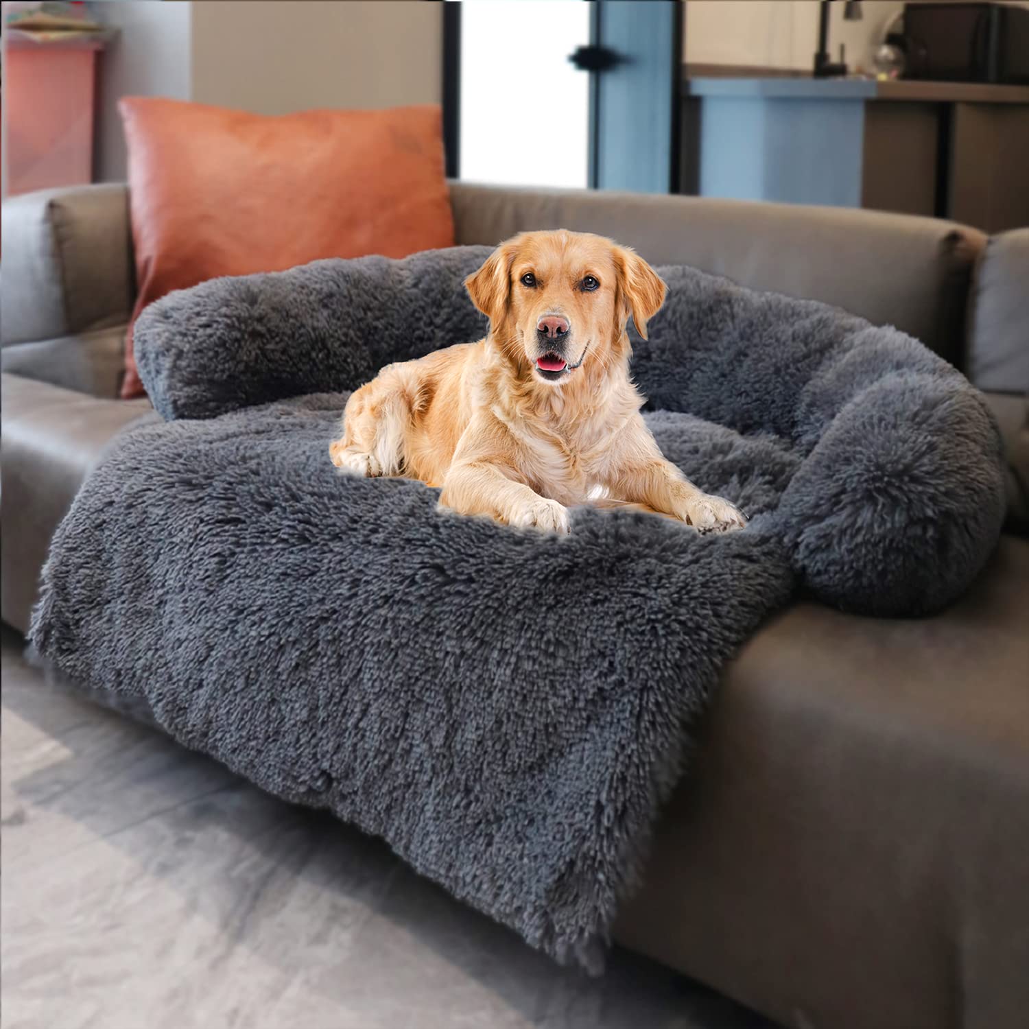 Dekeyoo Pet Couch Protector, Waterproof Calming Dog Bed for Large Dogs Plush Mat, Pet Furniture Cover with Soft Neck Bolster, Ma