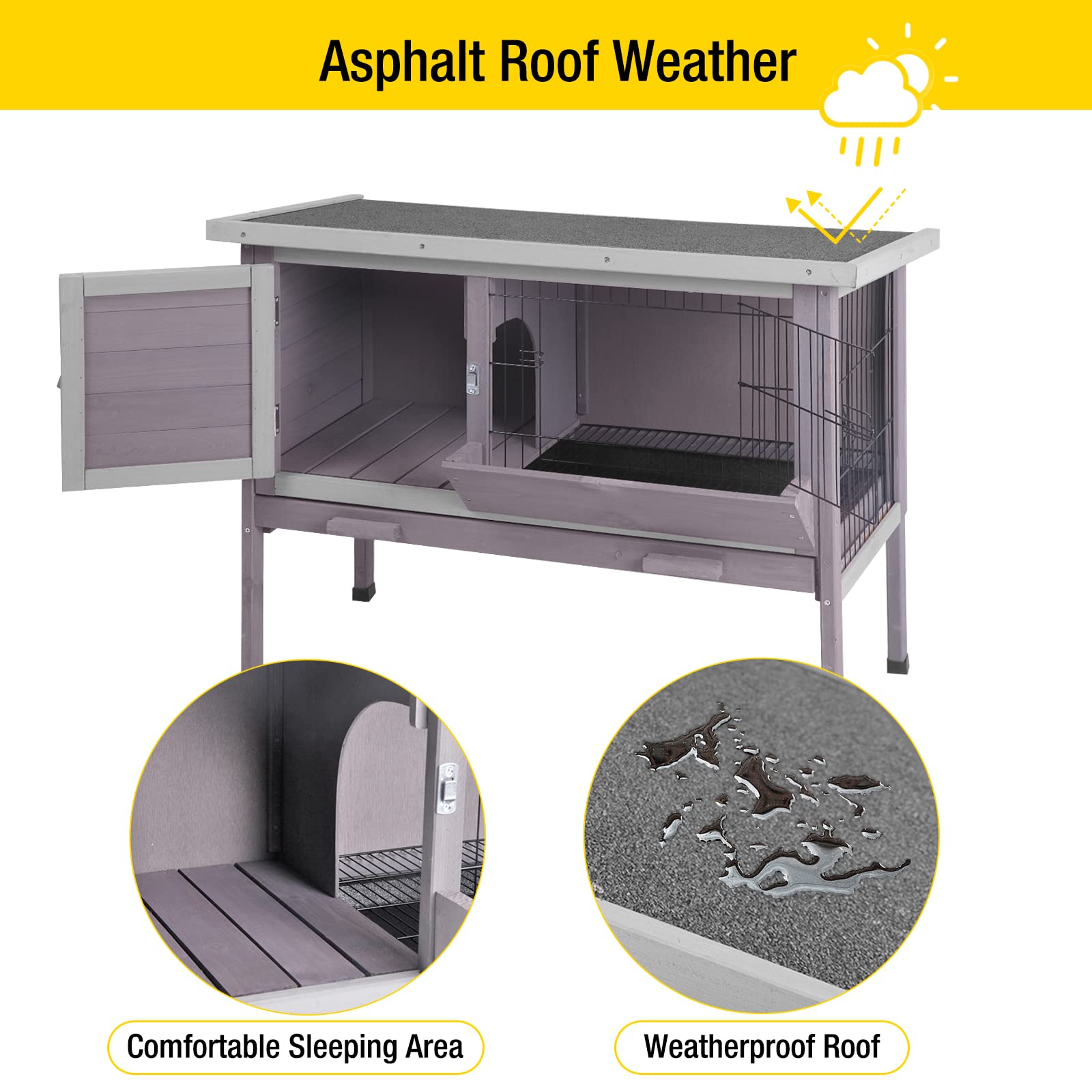 Aivituvin Outdoor Rabbit Hutch - Wooden Bunny Cage, Medium, Grey, Model AIR01-B with Leakproof Tray and Metal Wire Pan