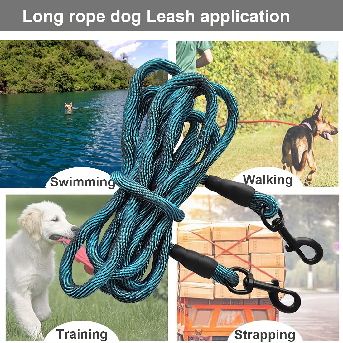 Btinesful Tie-Out Check Cord Long Rope Dog Leash, 8Ft 12Ft 20Ft 30Ft 50Ft Recall Training Lead Leash- Great For Large Medium Sma