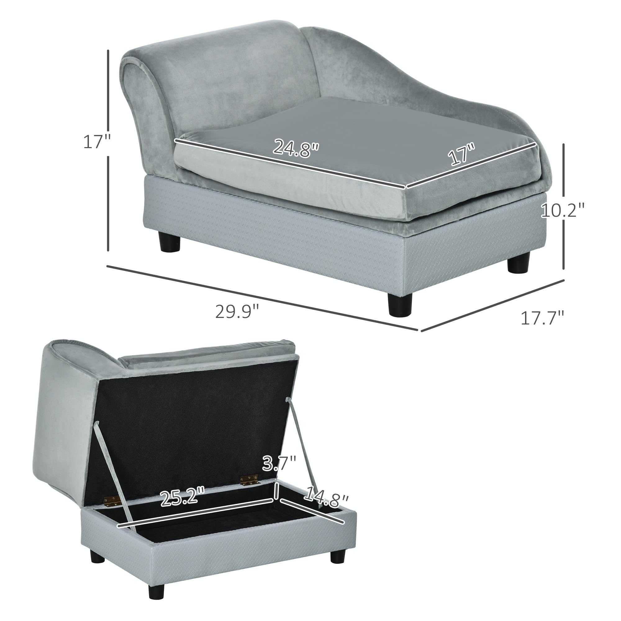 Pawhut Luxury Fancy Dog Bed For Small Dogs With Hidden Storage, Small Dog Couch With Soft 2' Foam, Dog Sofa Bed, Cushy Dog Bed, Modern Pet Furniture For Puppies And Little Breeds, Pale Gray