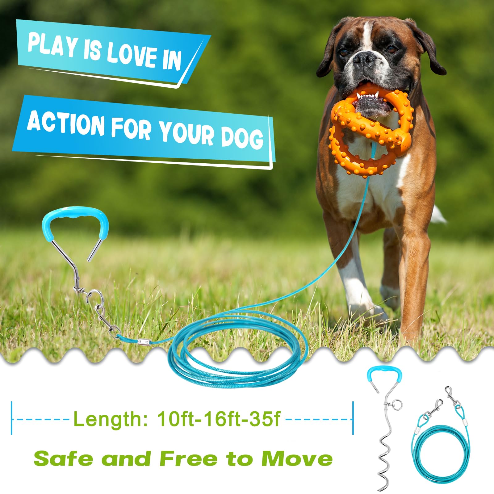 Supet Dog Tie Out Cable and Stake 32/16/10 ft Outdoor, Yard and Camping, for Medium to Large Dogs Up to 125 lbs, 16 Stake, 32/16