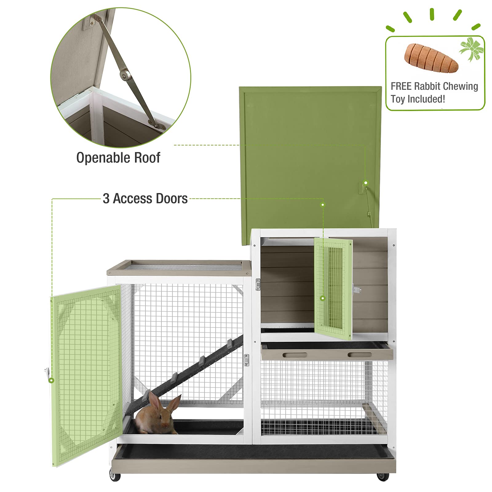 Gutinneen Indoor Outdoor Rabbit Hutch, Bunny Cage On Wheels With 2 Deep No Leakage Pull Out Trays (Without Bottom Wire Mesh)