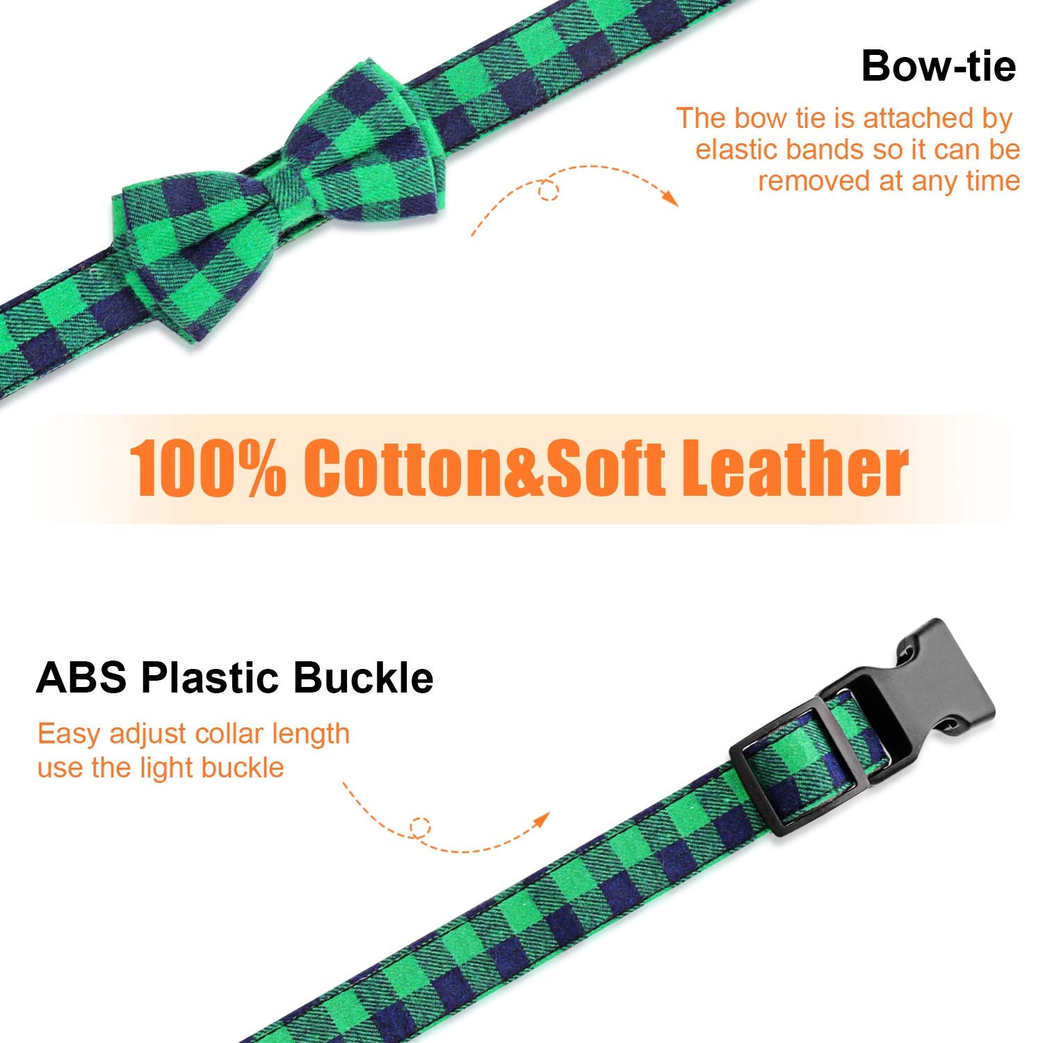 Dog Bow Tie, Vaburs Dog Cat Collar With Bow Tie Buckle Light Plaid Dog Collar For Dogs Cats Pets Soft Comfortable,Adjustable (L, Green)