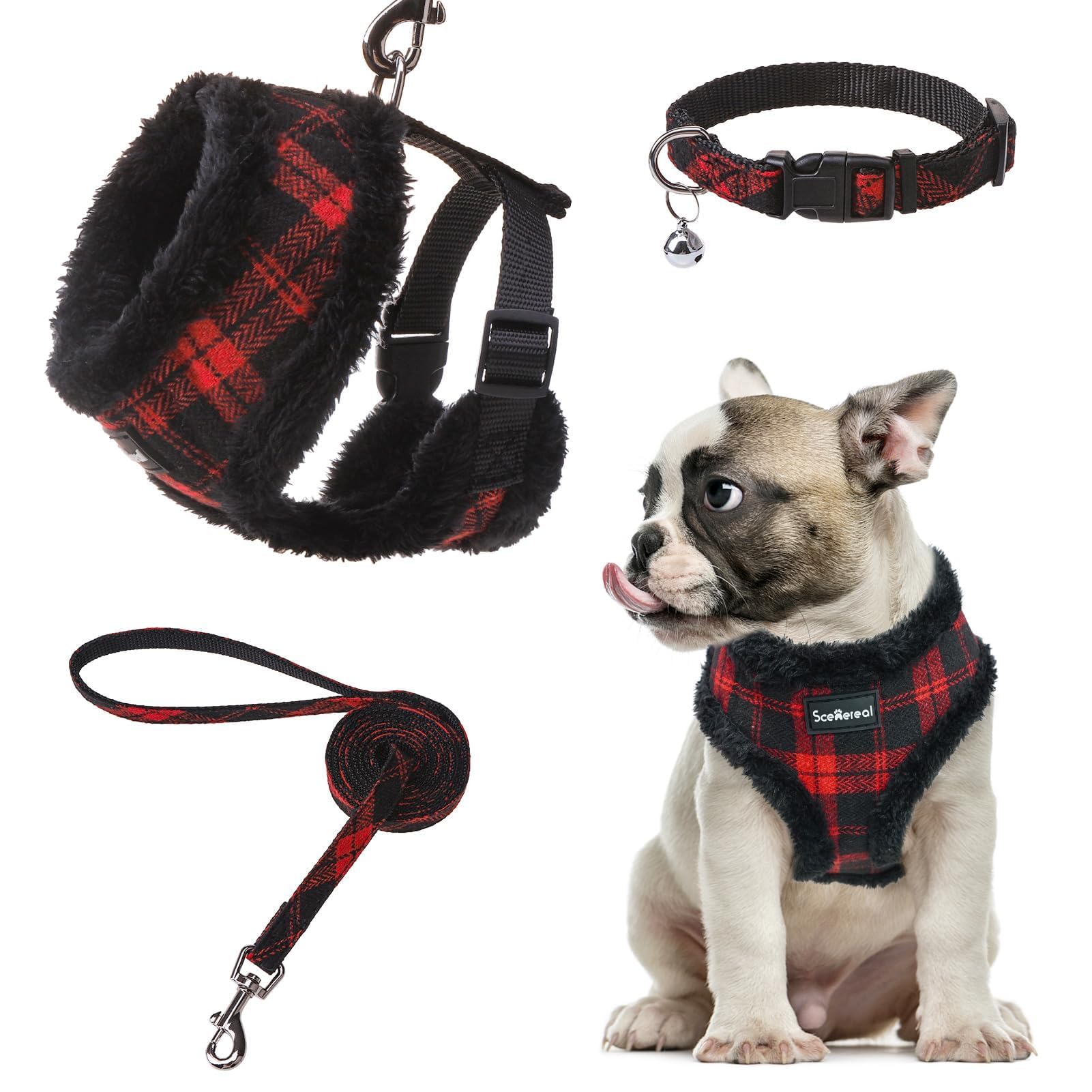 SCENEREAL Small Dog Harness Collar and Leash Set, Warm Fleece No Pull Puppy Vest Harness, Christmas Dog Outfit No Chock Adjustib