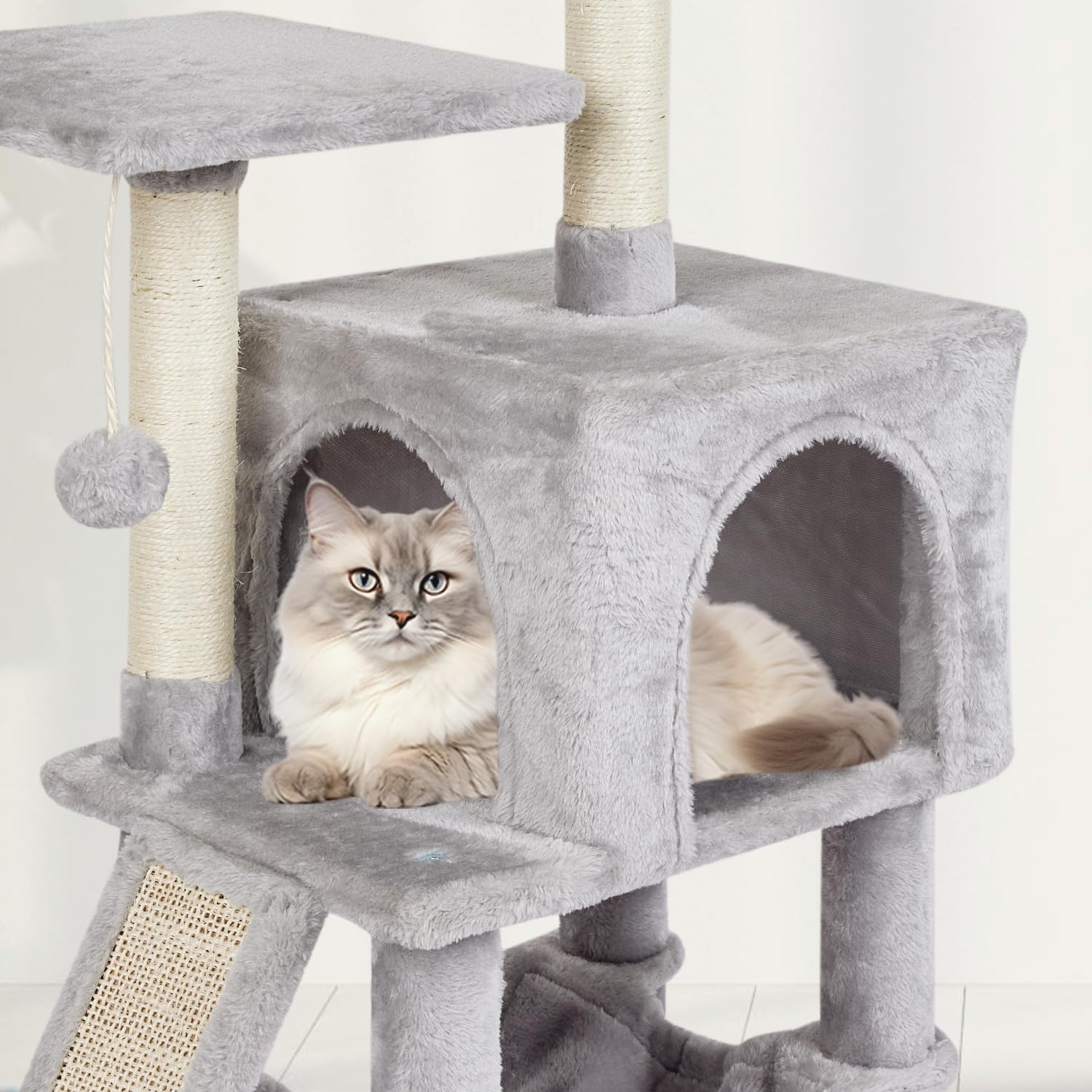 Miao Paw Grey Cute Cat Tree For Indoor Cat Tower With Scratching Post Modern Activity House Hammock Hanging Ball Condo With Boar