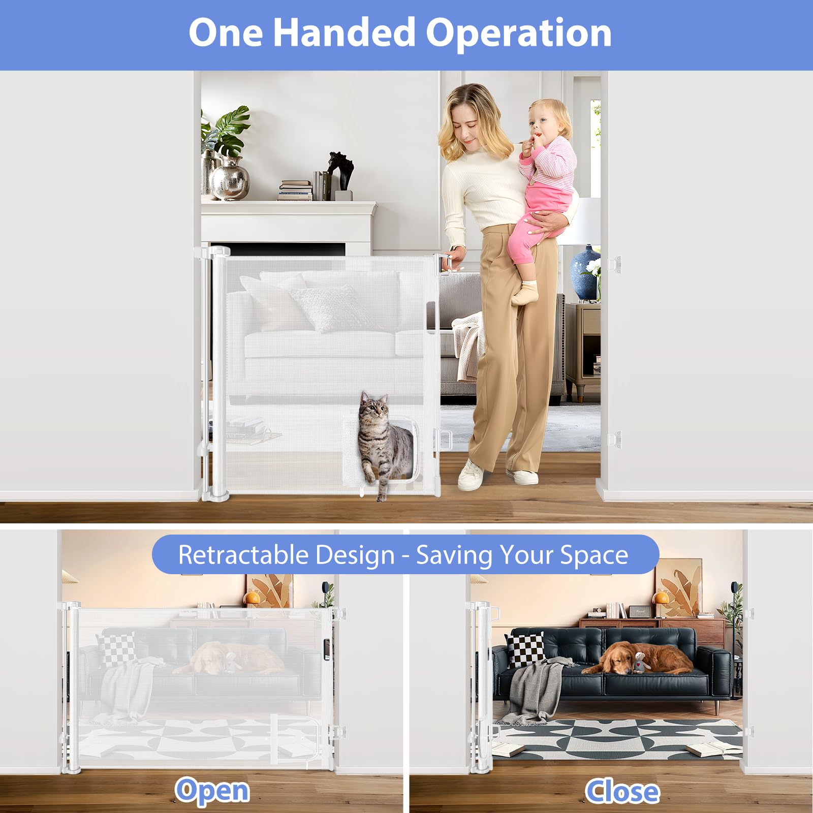 Retractable Baby Gates with Cat Door 80 Wide Retractable Dog Gate with Pet Door Outdoor Retractable Gate for Dogs Retractable Pe