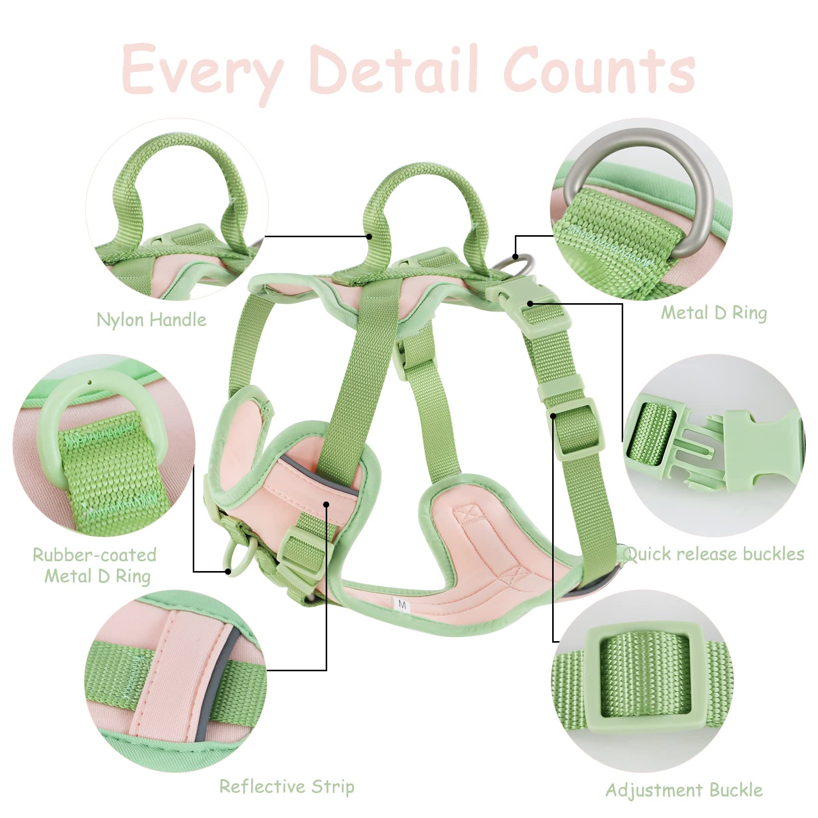 Wolfone No Pull Dog Harness Adjustable Soft Padded Pet Vest With Control Handle Adorable Daily Harness For Dogs(Gossamer Pink Xl