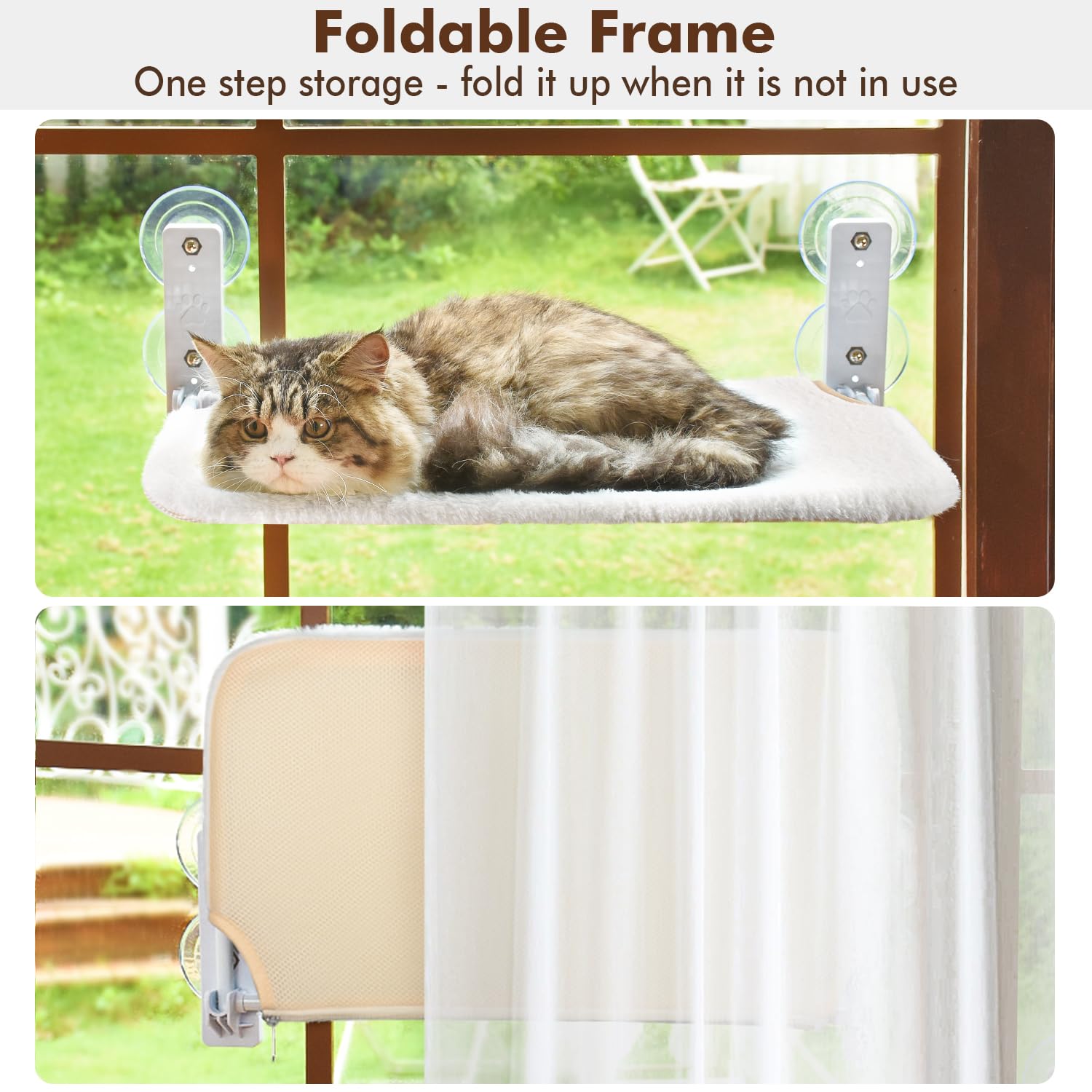 AMOSIJOY Cordless Cat Window Perch, Medium Foldable Cat Hammock, Stainless Steel, 4 Suction Cups, Grey & Khaki Covers, Model CWP-M