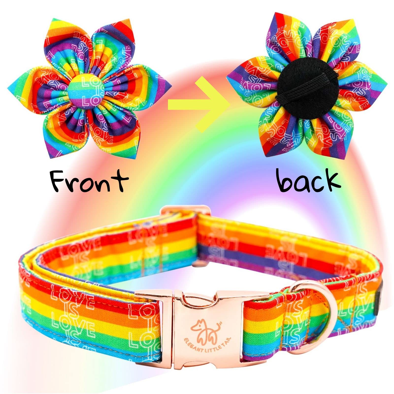 Elegant little tail Dog Collar, Rainbow Flag Dog Collar Flower LGBT Flower Dog Collars Holiday Pet Gift Adjustable Soft Puppy Co