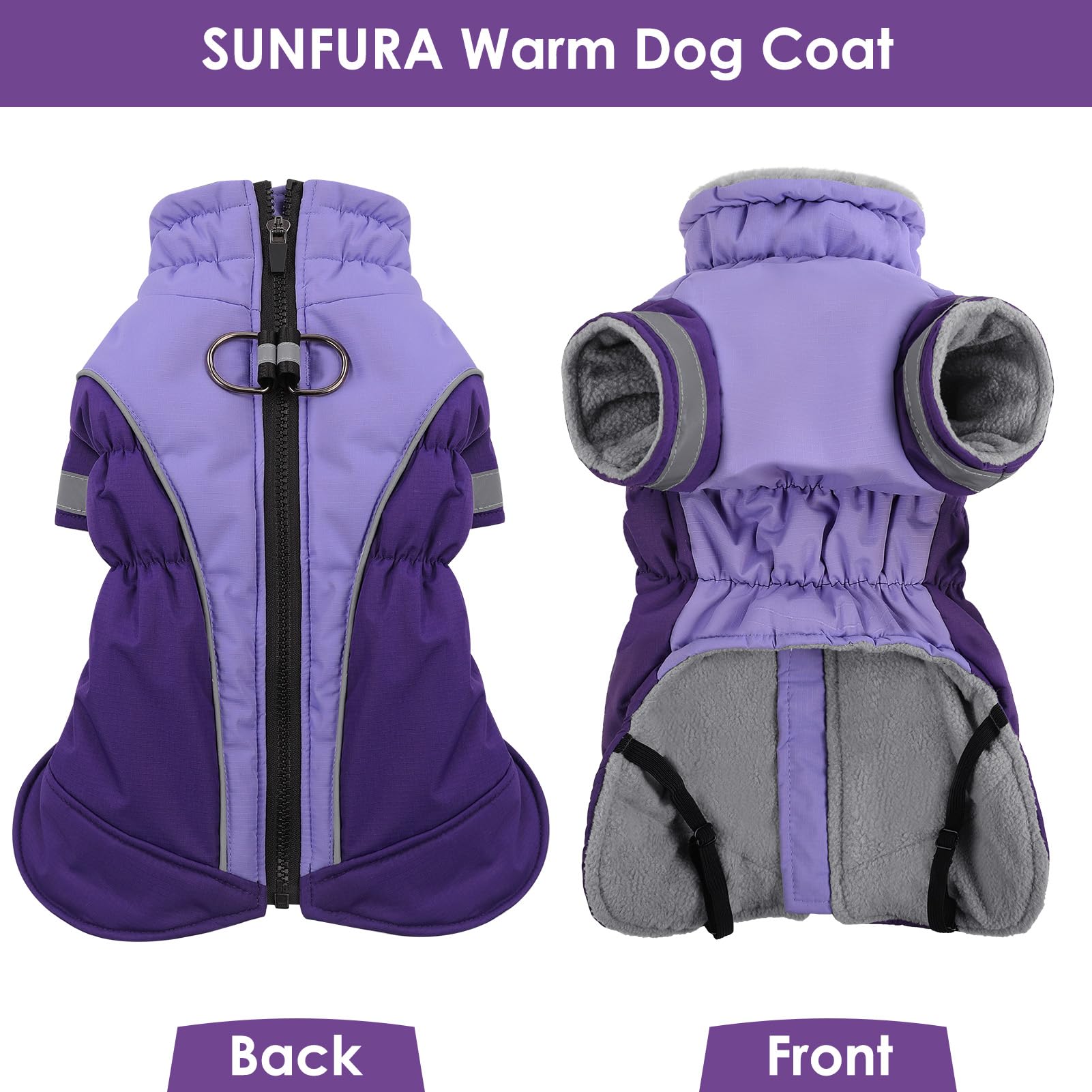 SUNFURA Dog Coat - Turtleneck Fleece Puffer Jacket for Medium Dogs, Purple, Model 1308-SF-528MF, Reflective, Winter Snowsuit