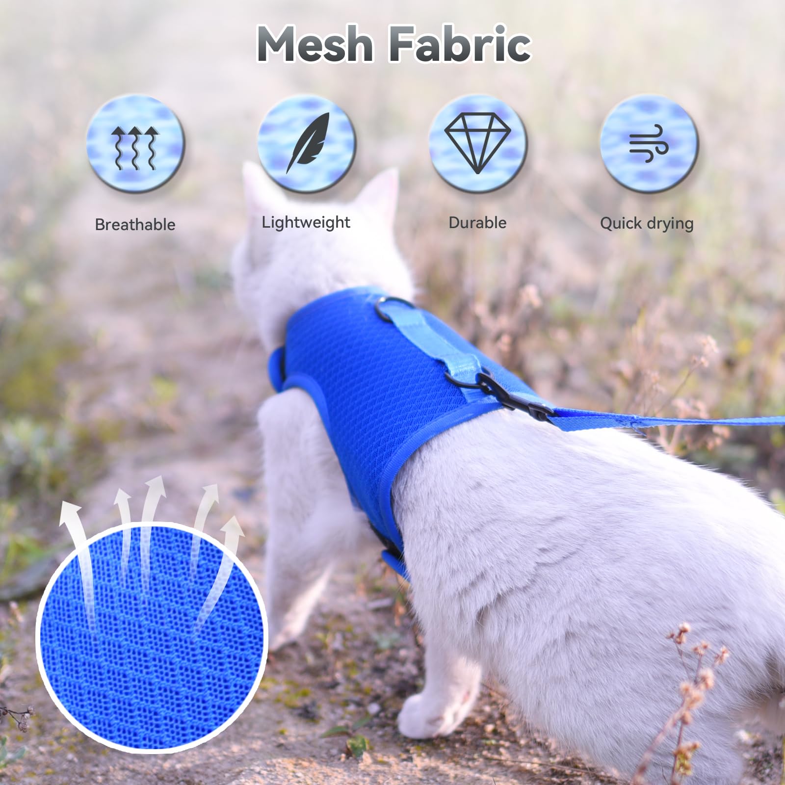 Cat Harness And Leash For Walking Escape Proof Breathable Mesh Fabric, Solid Blue, Medium, Adjustable Cat Walking Jackets, Padde