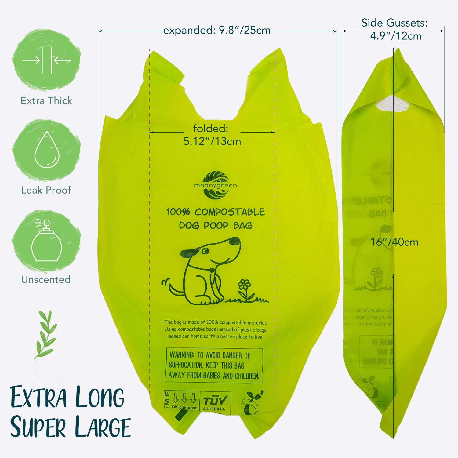 Moonygreen Dog Poop Bag With Handles, Compostable Pet Waste Bags, Easy-Tie, Vegetable-Based Eco-Friendly, Unscented, Extra Thick