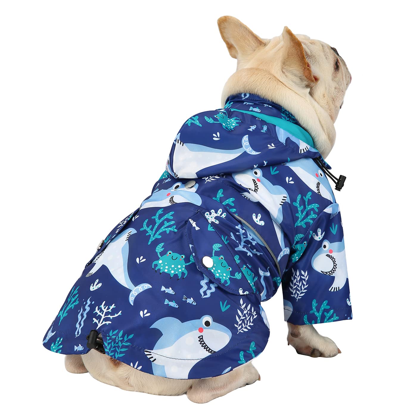 Hde Dog Raincoat Double Layer Zip Rain Jacket With Hood For Small To Large Dogs Sharks - M