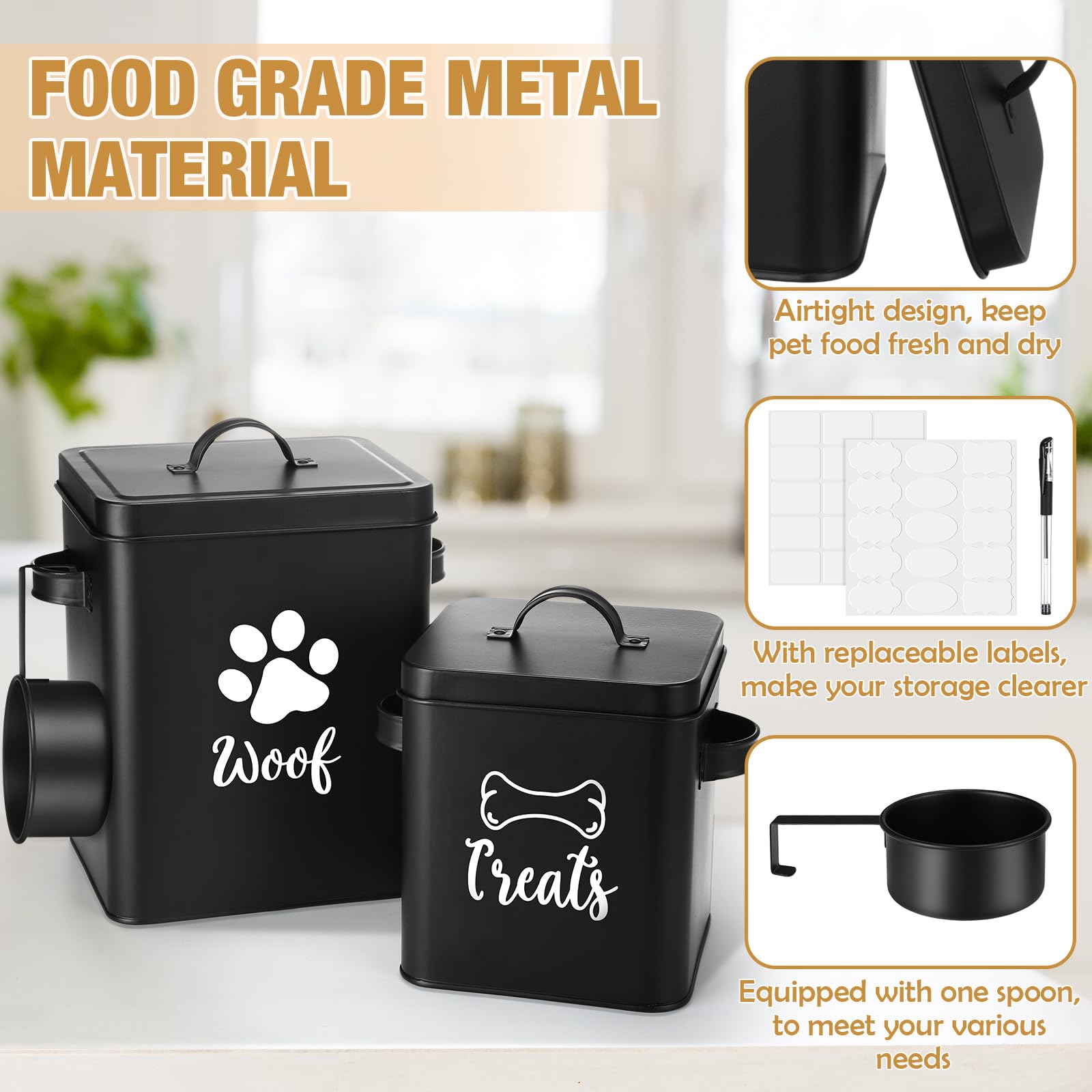 Teenyyou 2 Pcs Metal Dog Treat Containers with Airtight Lids and Spoon 7+3 Lbs Dog Food Snack Jars with DIY Labels Big Pet Cooki