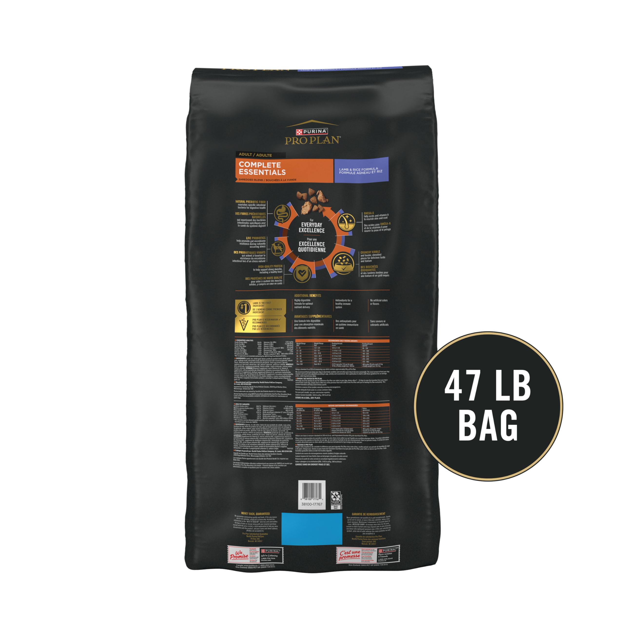 Purina Pro Plan Complete Essentials Shredded Blend Lamb and Rice High Protein Dog Food with Probiotics for Dogs - 47 lb. Bag