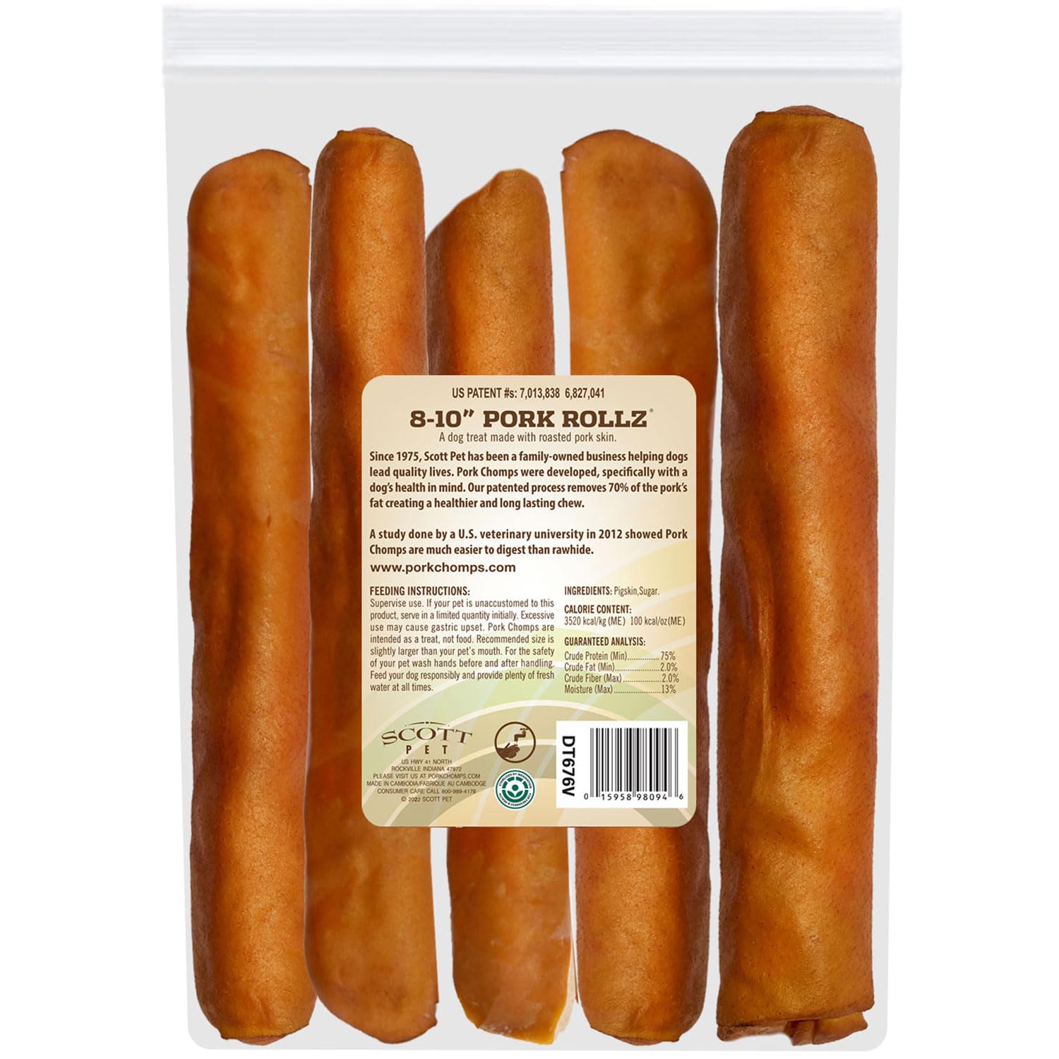 Pork Chomps Roasted Pork Skin Dog Chews, 8-inch Rolls, 5 Count