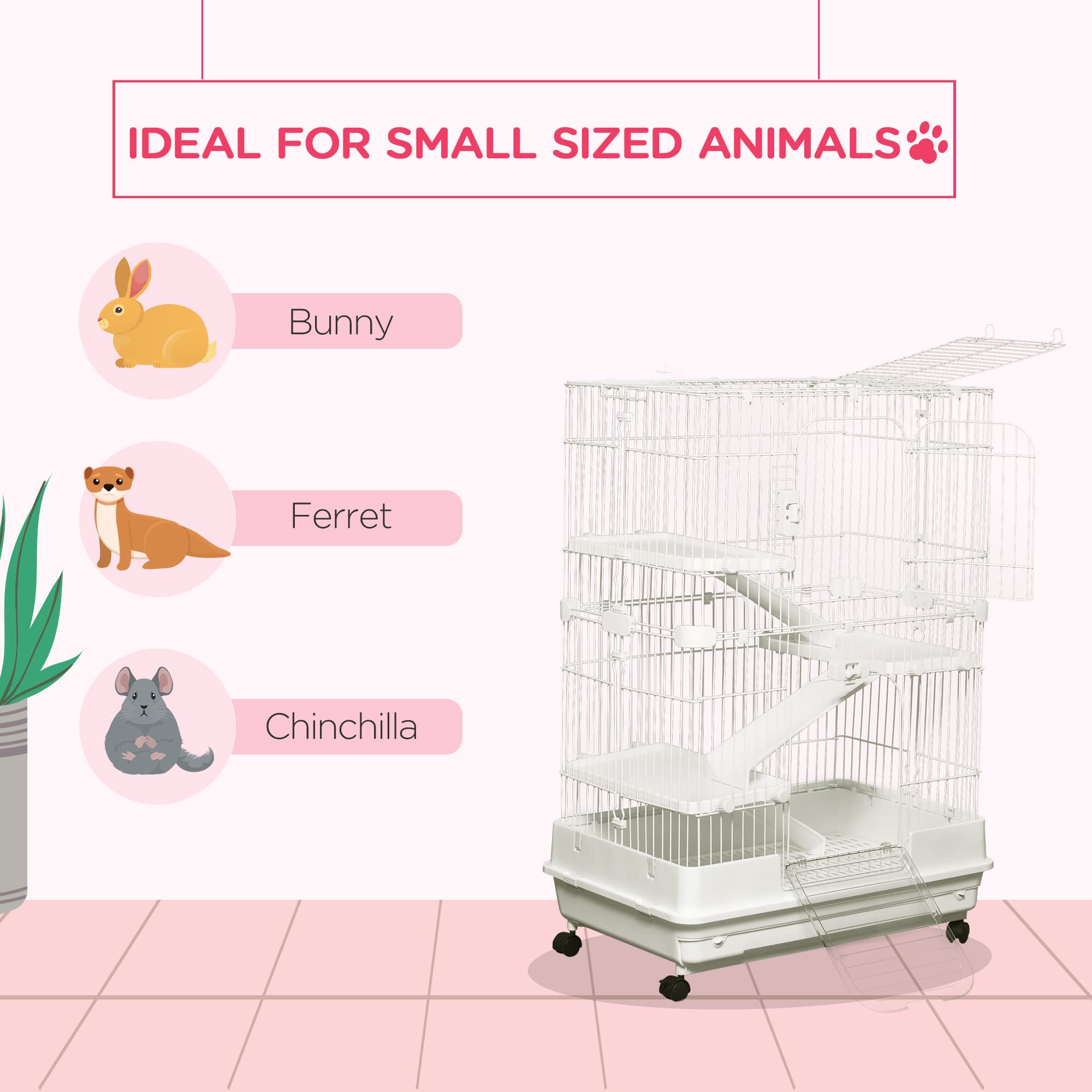 Pawhut 4-Level Small Animal Cage Rabbit Hutch With Wheels, Removable Tray, Platform And Ramp For Bunny, Chinchillas, Ferret, Whi