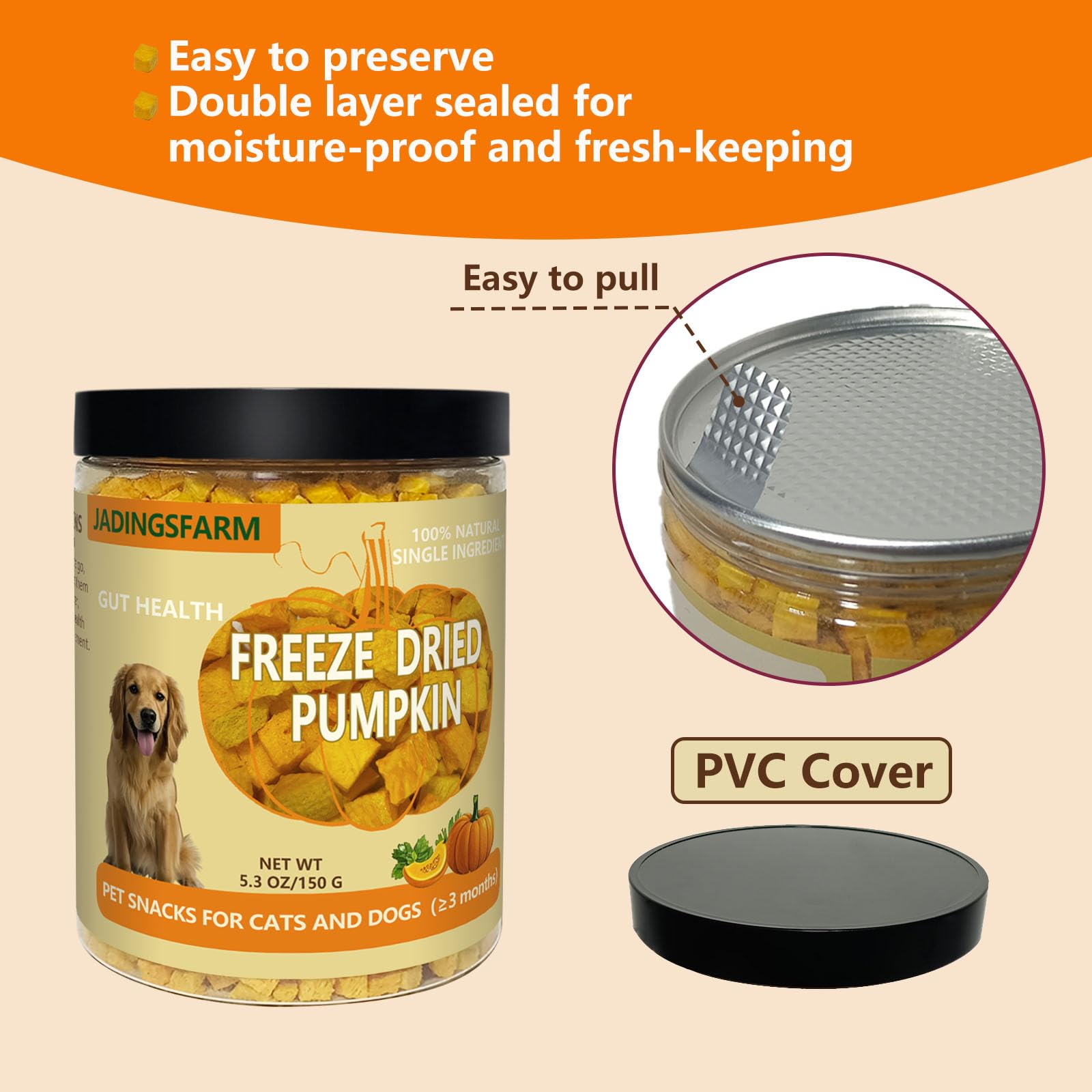 JADINGSFARM Freeze Dried Pumpkin Treats for Dogs & Cats, Natural Digestive Health, 3.5 oz