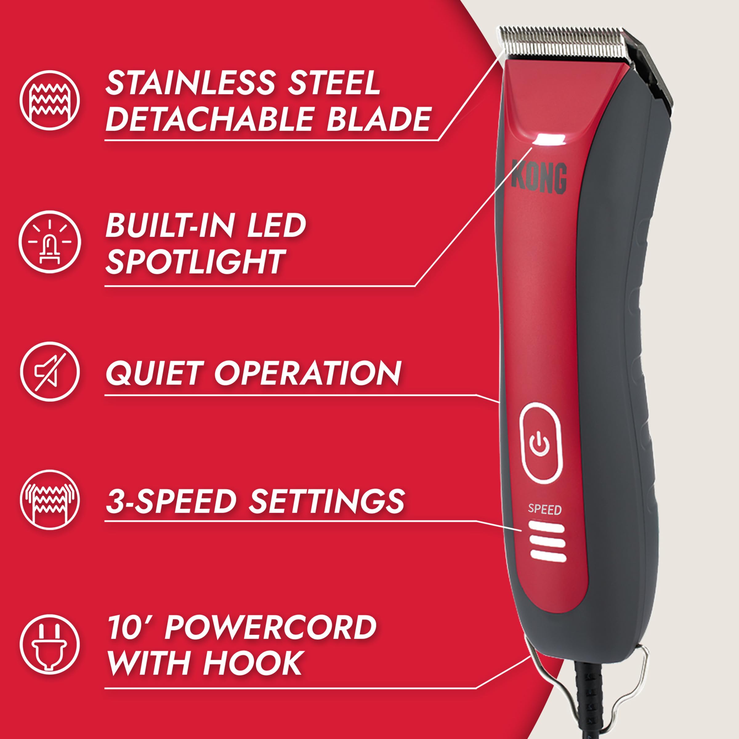 Kong 3-Speed Dog Clipper Grooming Kit - Stainless Steel Blade, Waterproof, LED Spotlight, 6 Guide Combs, 10-Foot Cord, Ergonomic