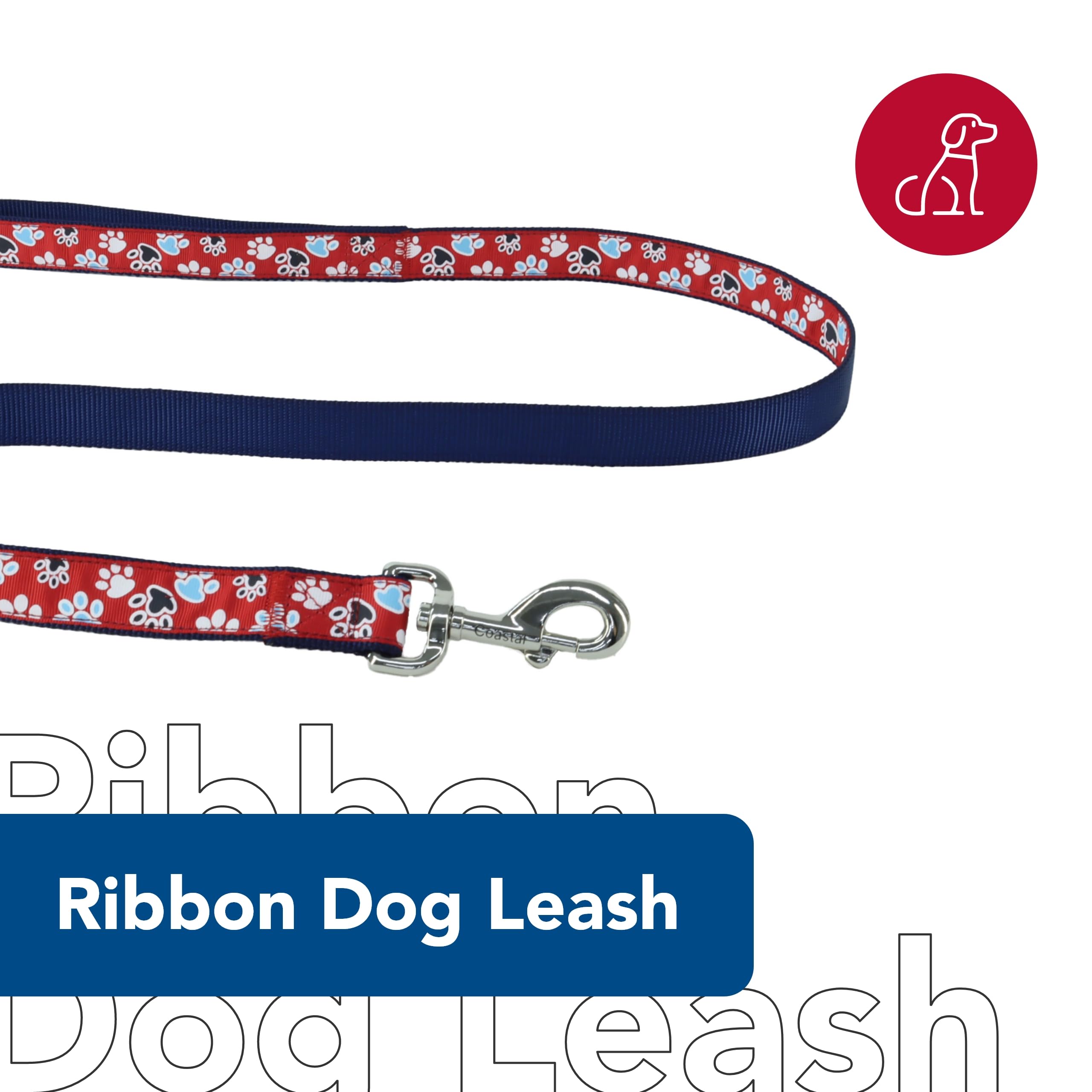 Coastal Pet Ribbon Dog Leash - Contemporary Stylish Look - Durable Fade-Resistant Nylon Material - Perfect For Dogs Red With Paws, 5/8' X 06'