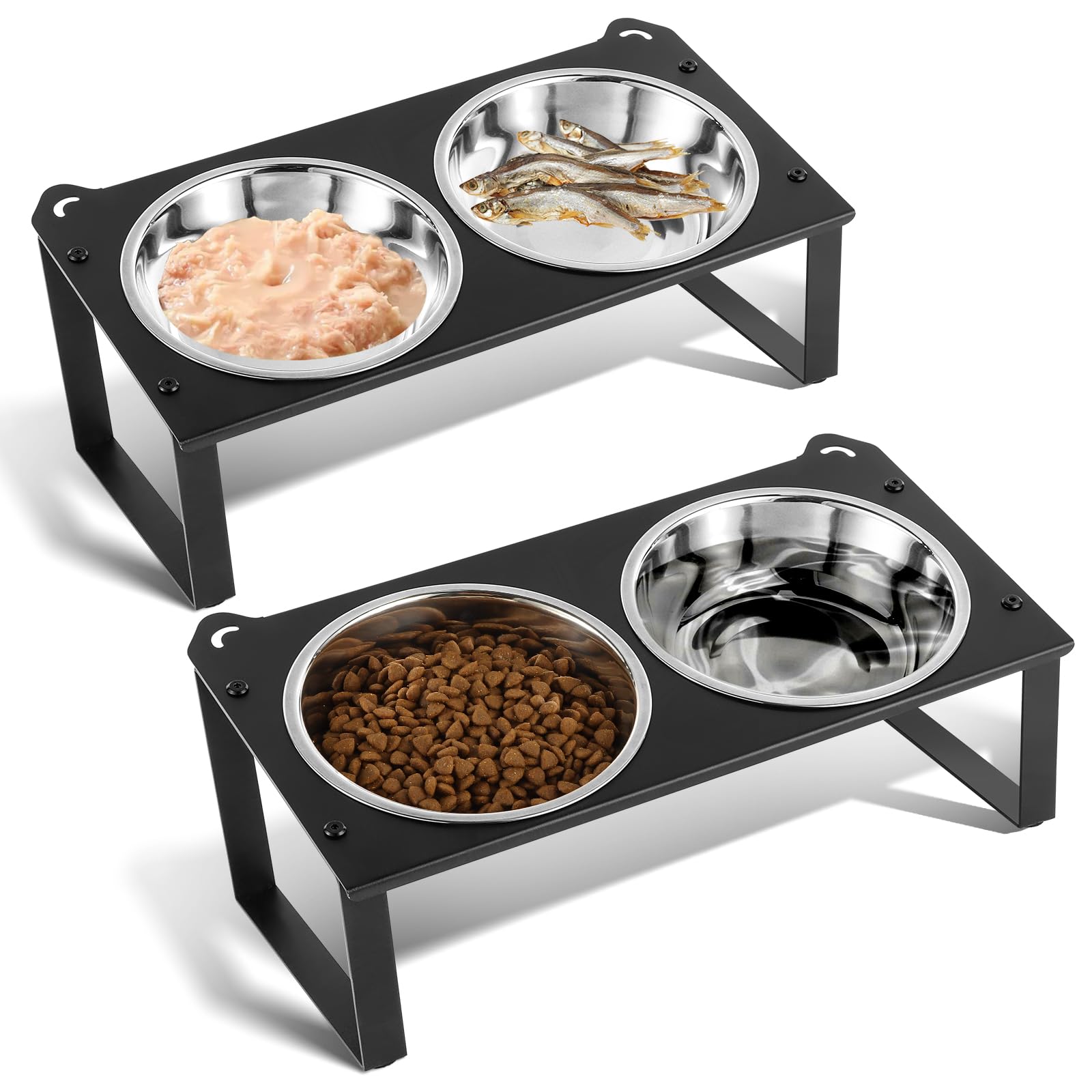 2 Set Elevated Cat Food Water Bowls, 4 Stainless Steel Bowls for Indoor Pet with Cute Metal Stand, 10 Tilted Anti-Vomiting Wide 