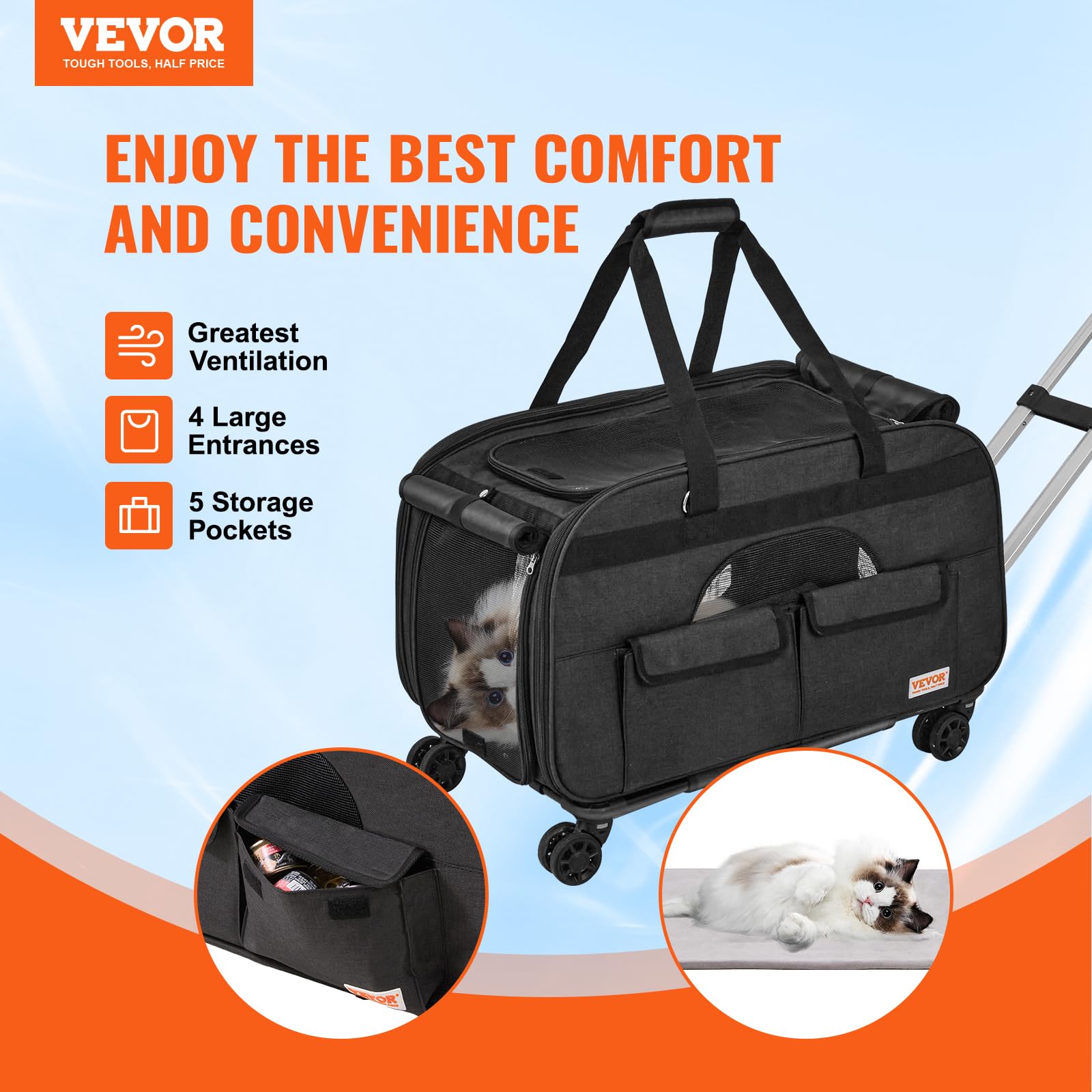 VEVOR Large Cat Dog Carrier with Wheels for Under 35lbs, Rolling Pet Carrier with Upgraded Wheels, Foldable Wheeled Dog Travel C