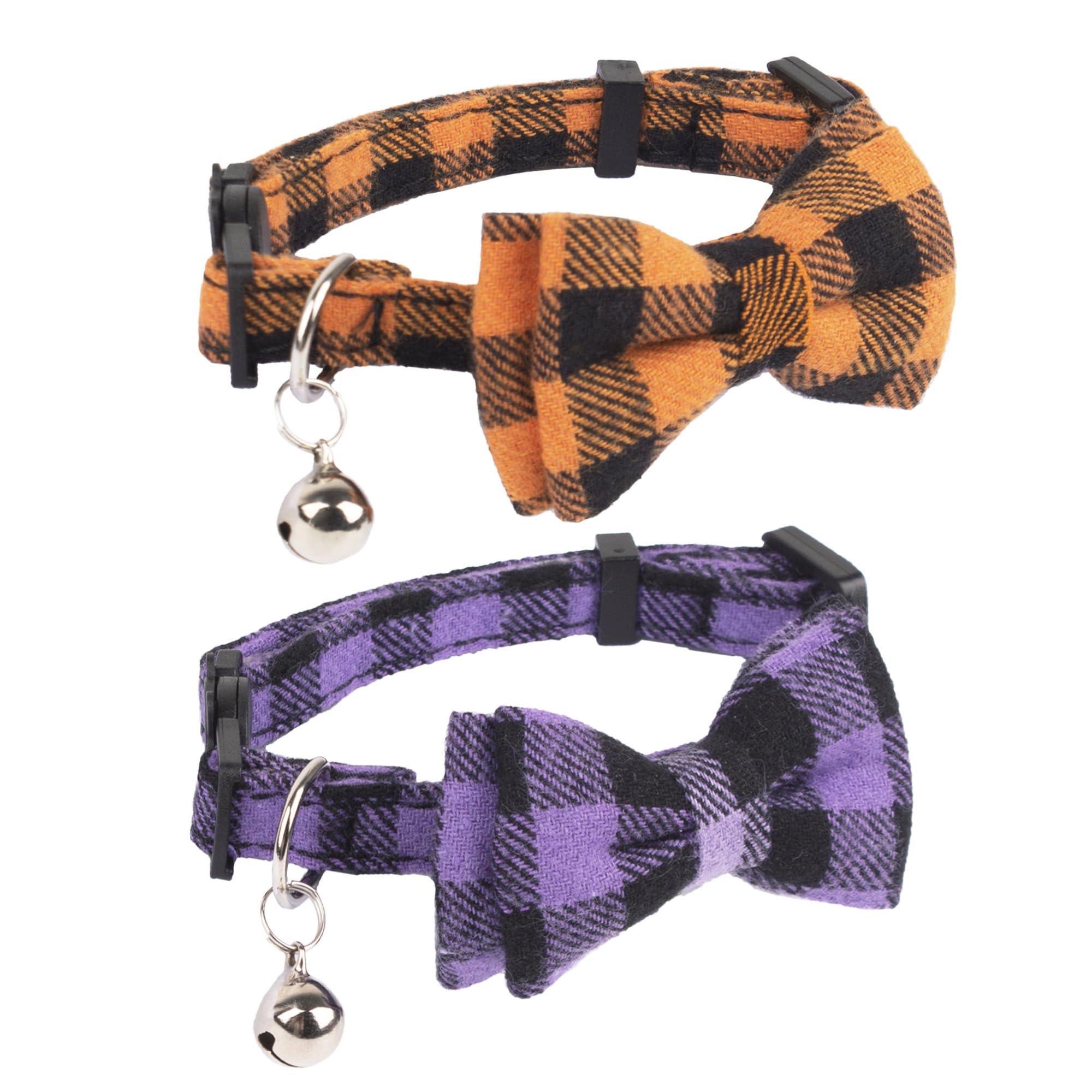 Adoggygo Halloween Cat Collars Breakaway With Removable Bow Tie, 2 Pack Orange Purple Plaid Cat Halloween Bow Collar With Bell For Cats Kittens (Orange&Purple-1)