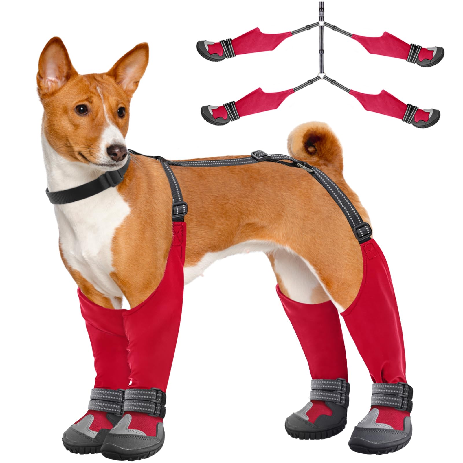 Idepet Dog Suspender Boots, Tall Dog Boots Anti-Slip & Fall Waterproof Dog Shoes Leggings, Adjustable Suspender Boots for Dogs W
