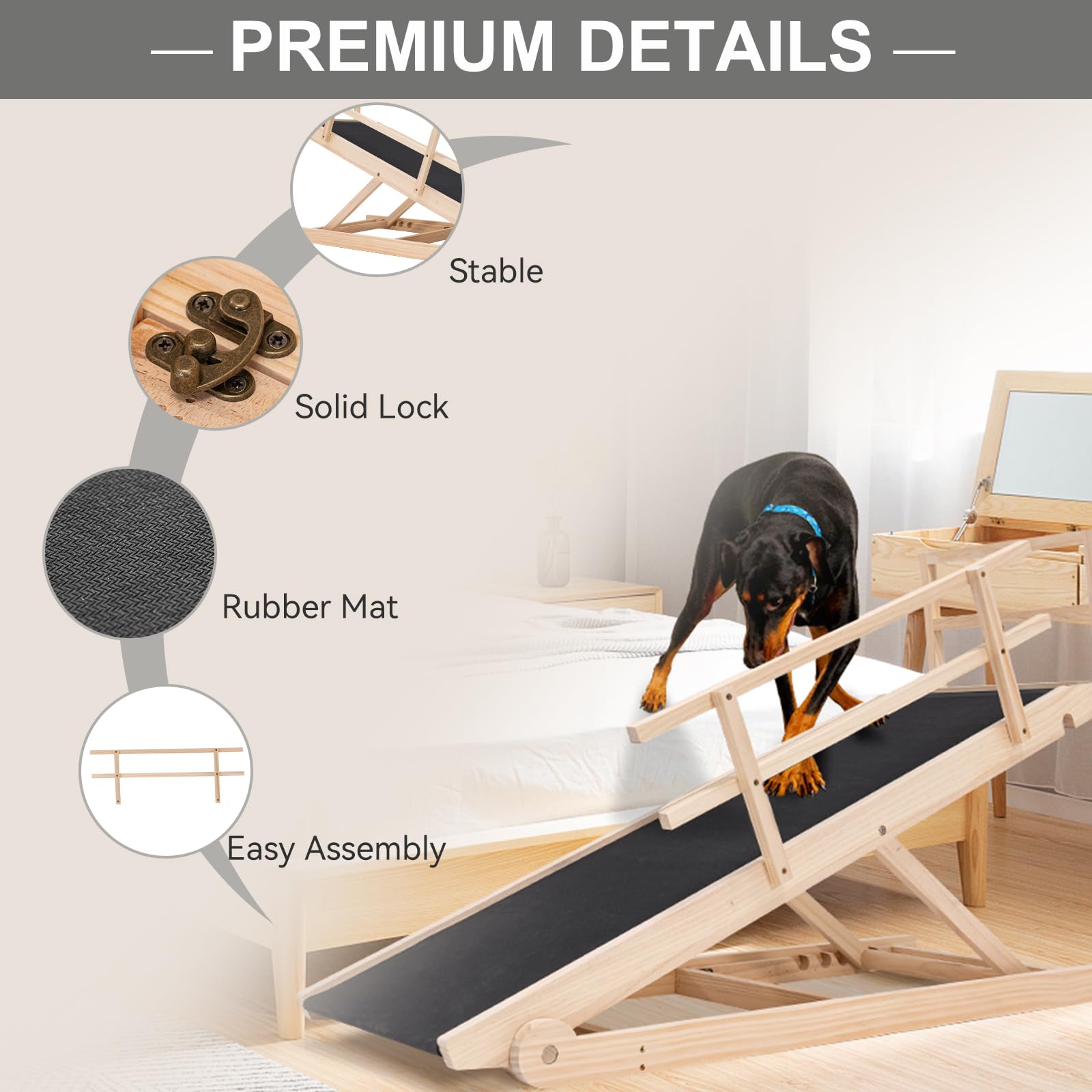 Aboron Antislip Wooden Dog Ramp For High Bed Couch Car, 5-Level Adjustable Folding Pet Ramp For Small & Large Old Dogs & Cats, 1