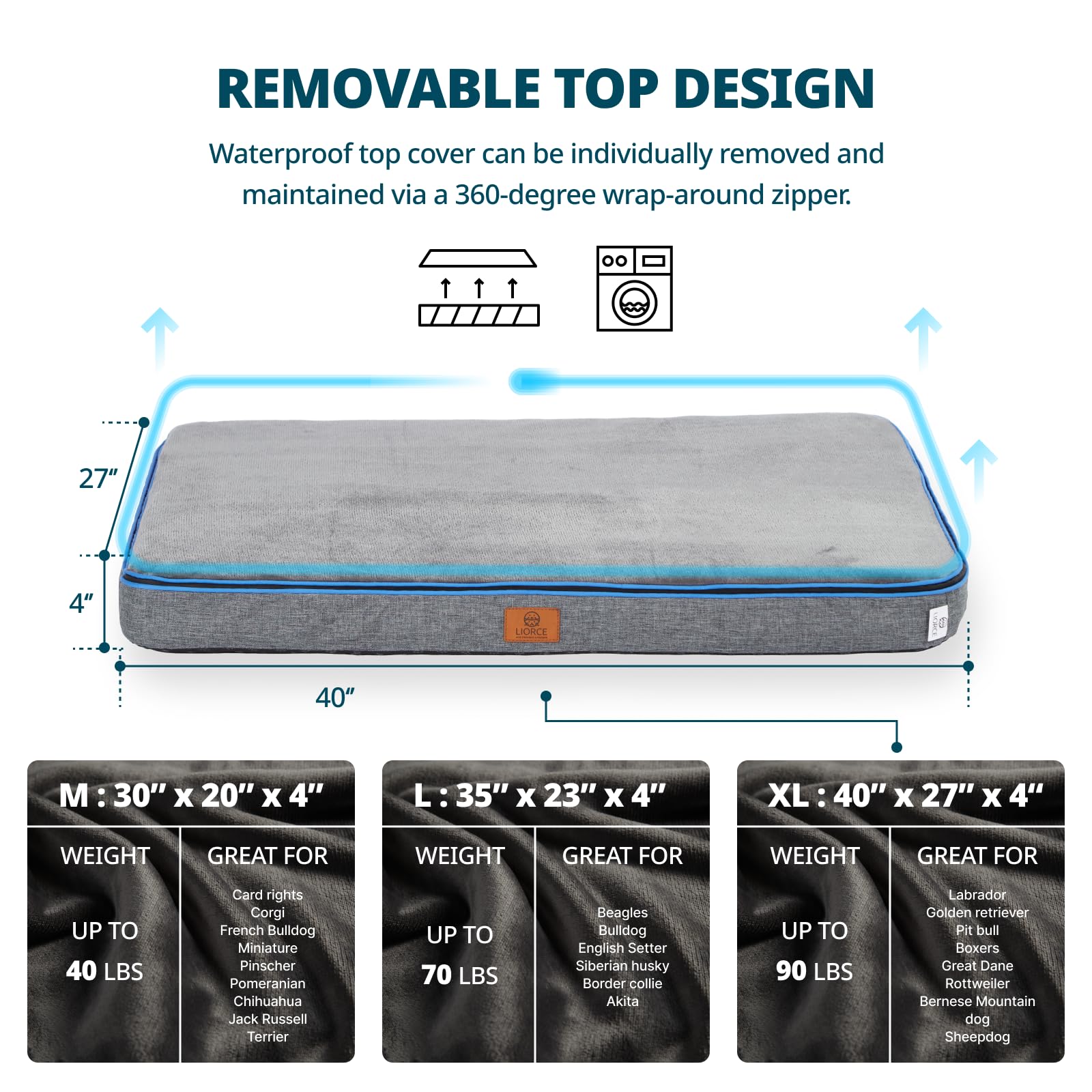LIORCE XL Memory Foam Dog Bed - 4" Thick, Waterproof, Removable Cover - Dark Grey, 41"x27" - Ultimate Comfort for Extra Large Dogs